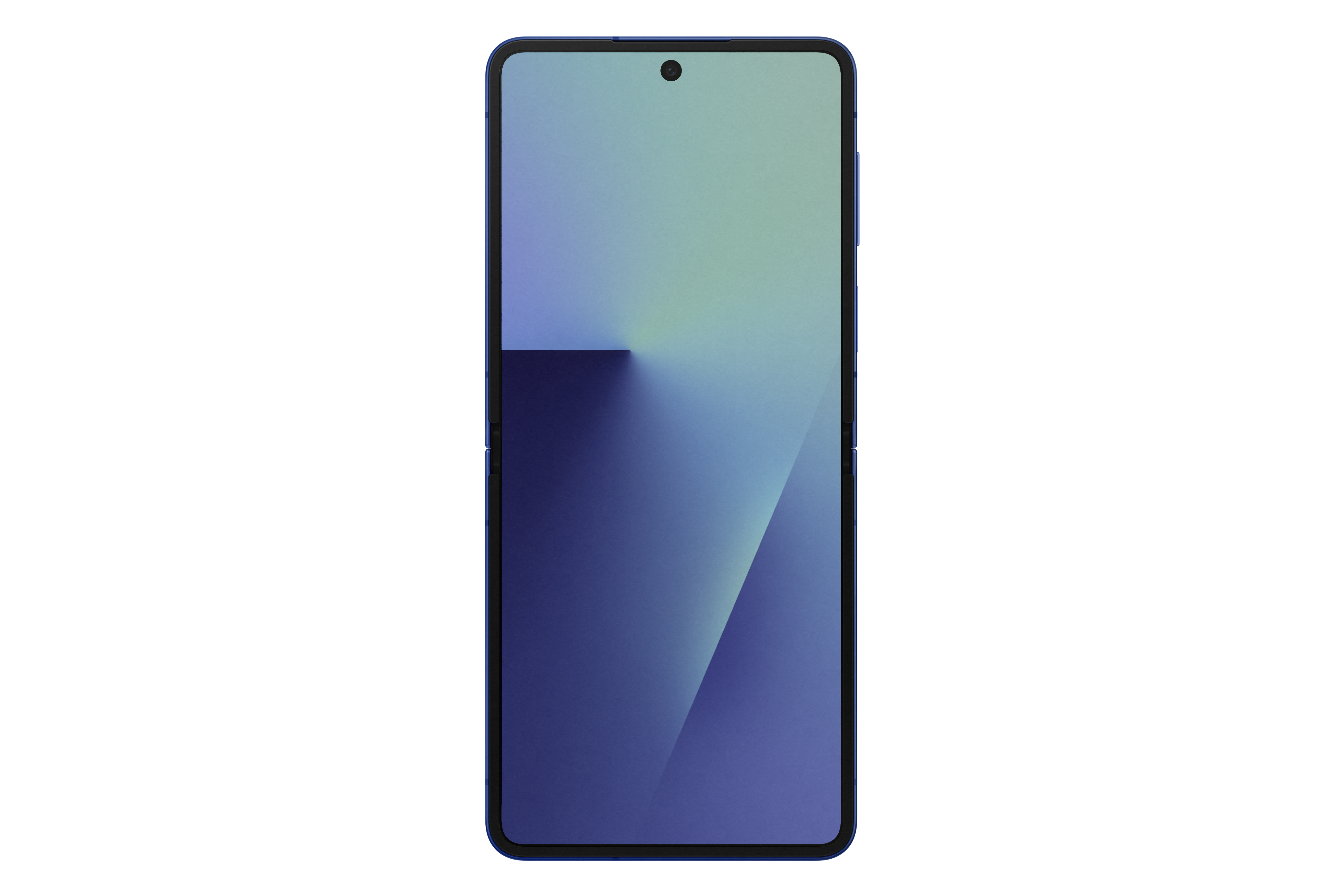 Ein blaues Smartphone steht vertikal vor weißem Hintergrund. Der Bildschirm hat einen Farbverlauf von hellgrün zu dunkelblau.