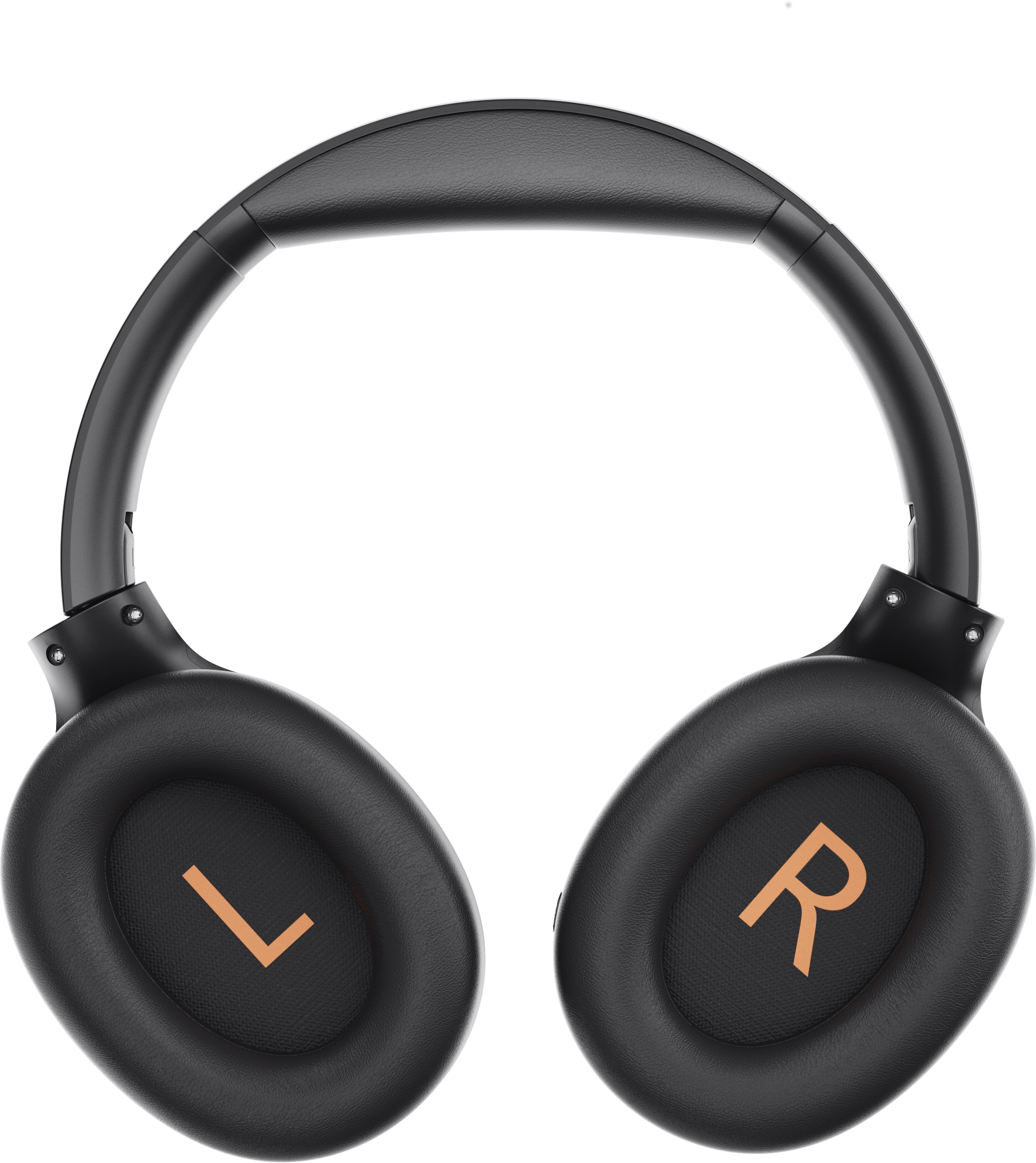 Czarne słuchawki z skórzanymi nausznikami. Złote 'L' i 'R' na nausznikach. Czarny pałąk. Białe tło.