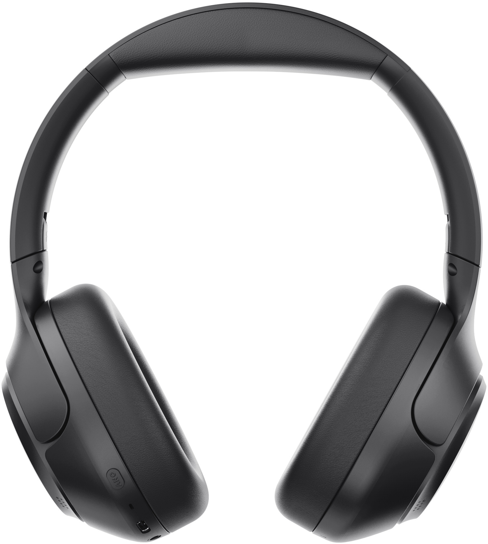 Czarne słuchawki, wycentrowane na białym tle. Słuchawki są w stylu nausznym i mają wyściełany pałąk.