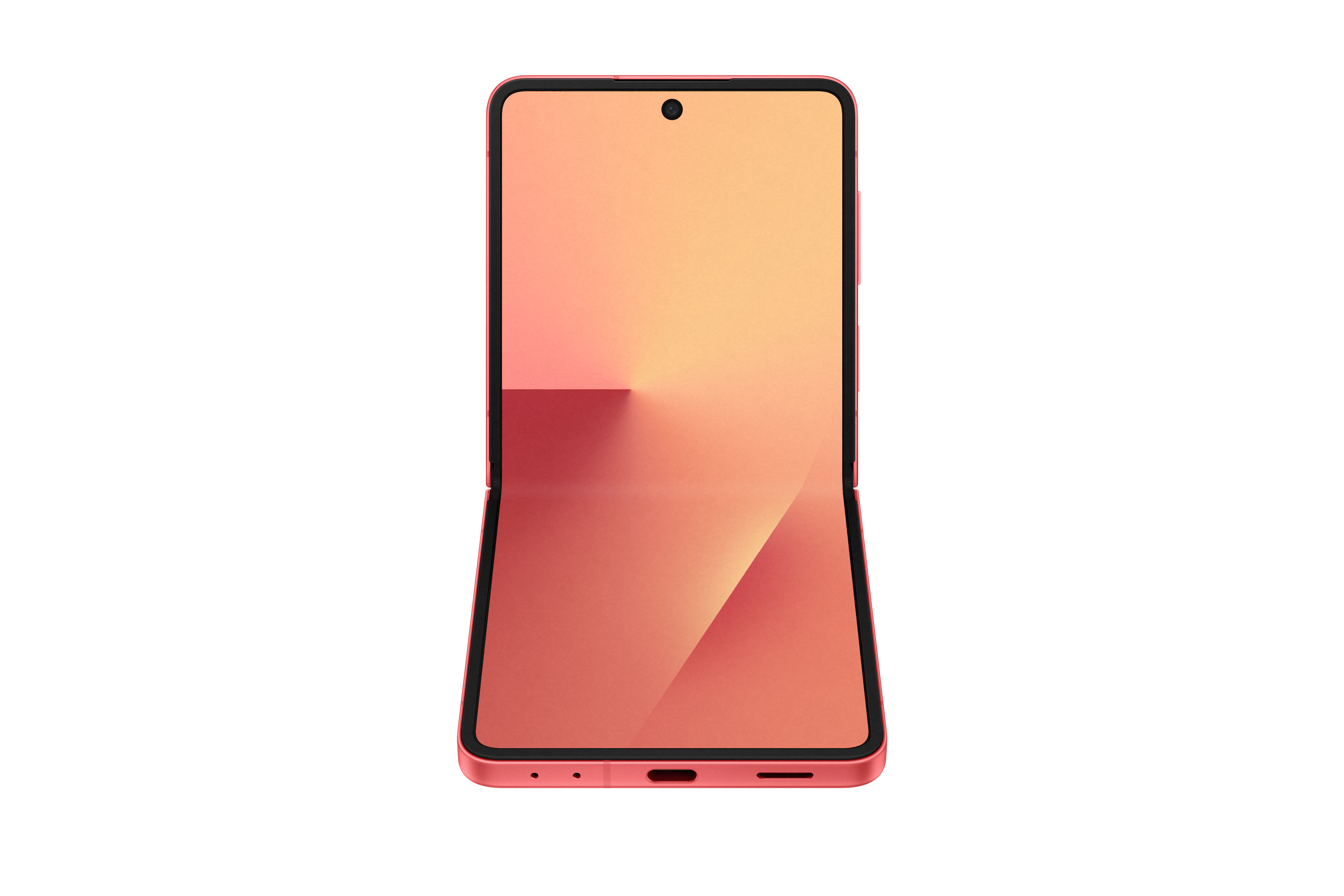 Ein pinkfarbenes, aufklappbares Smartphone wird geöffnet gezeigt. Der Bildschirm zeigt einen orangefarbenen Farbverlauf.