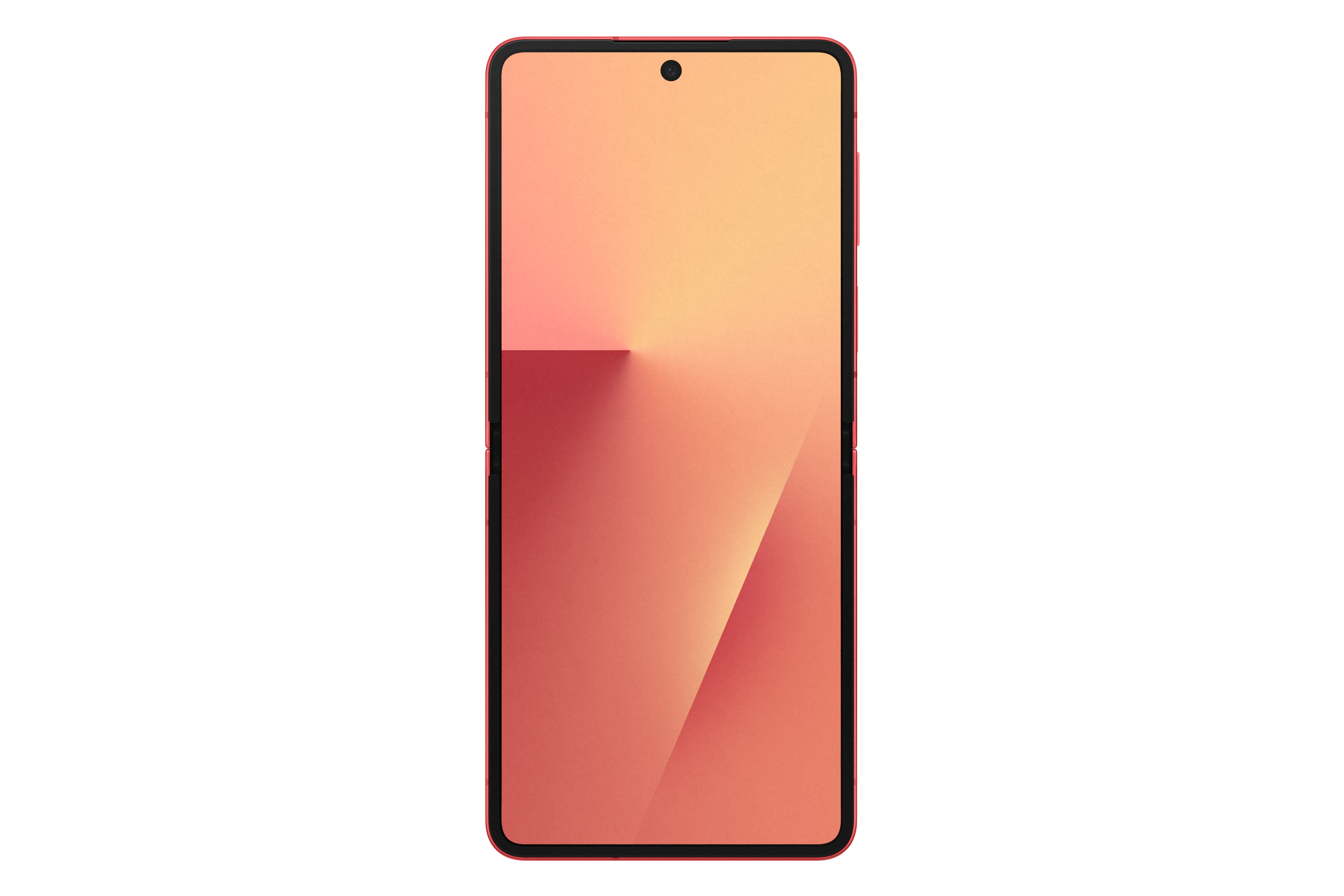 Ein rot gerahmtes Smartphone mit einem Bildschirm, der von Orange nach Rot verläuft. Es hat eine Frontkamera.