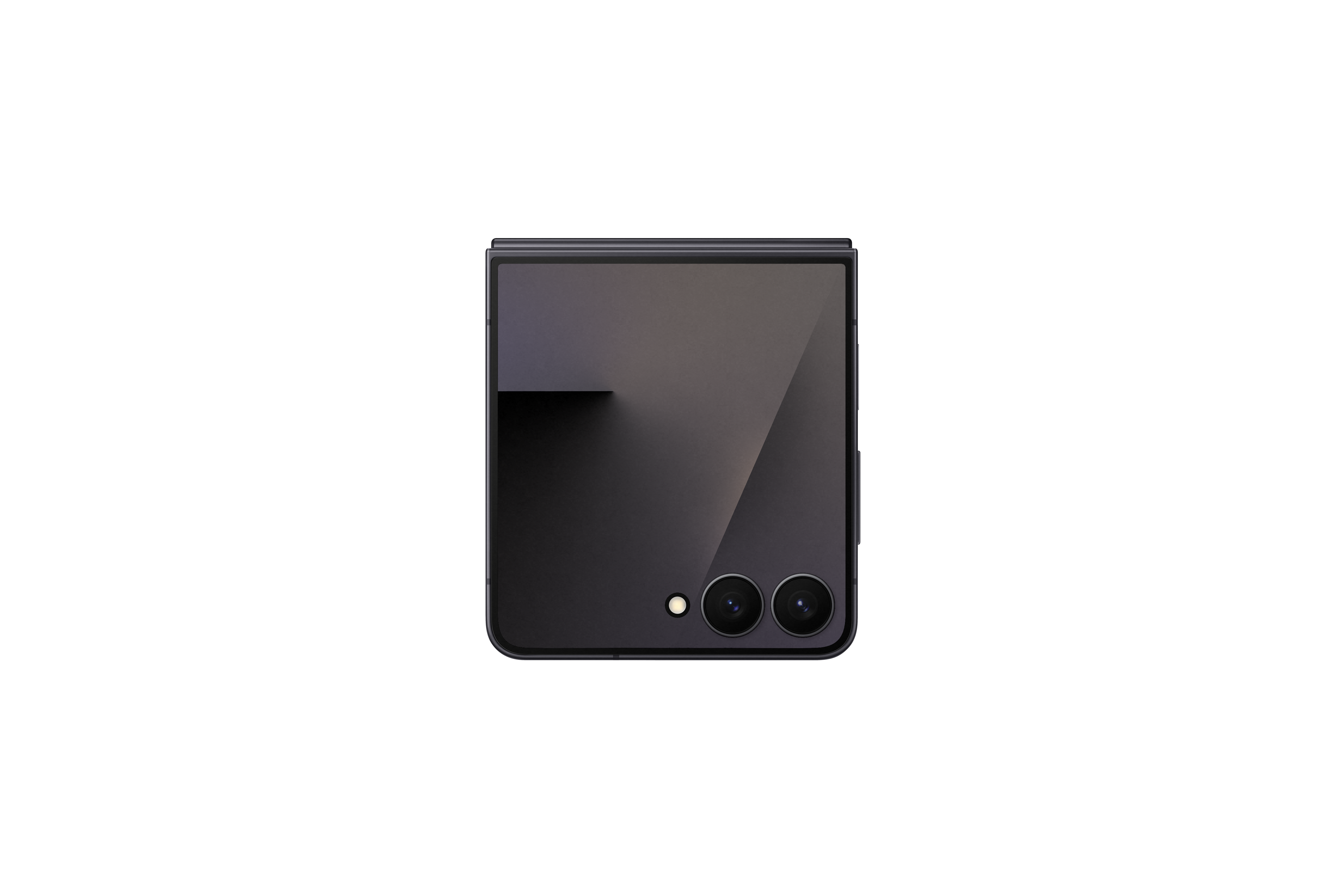 Ein gefaltetes schwarzes Smartphone befindet sich mittig auf weißem Hintergrund. Es hat zwei Kameralinsen.