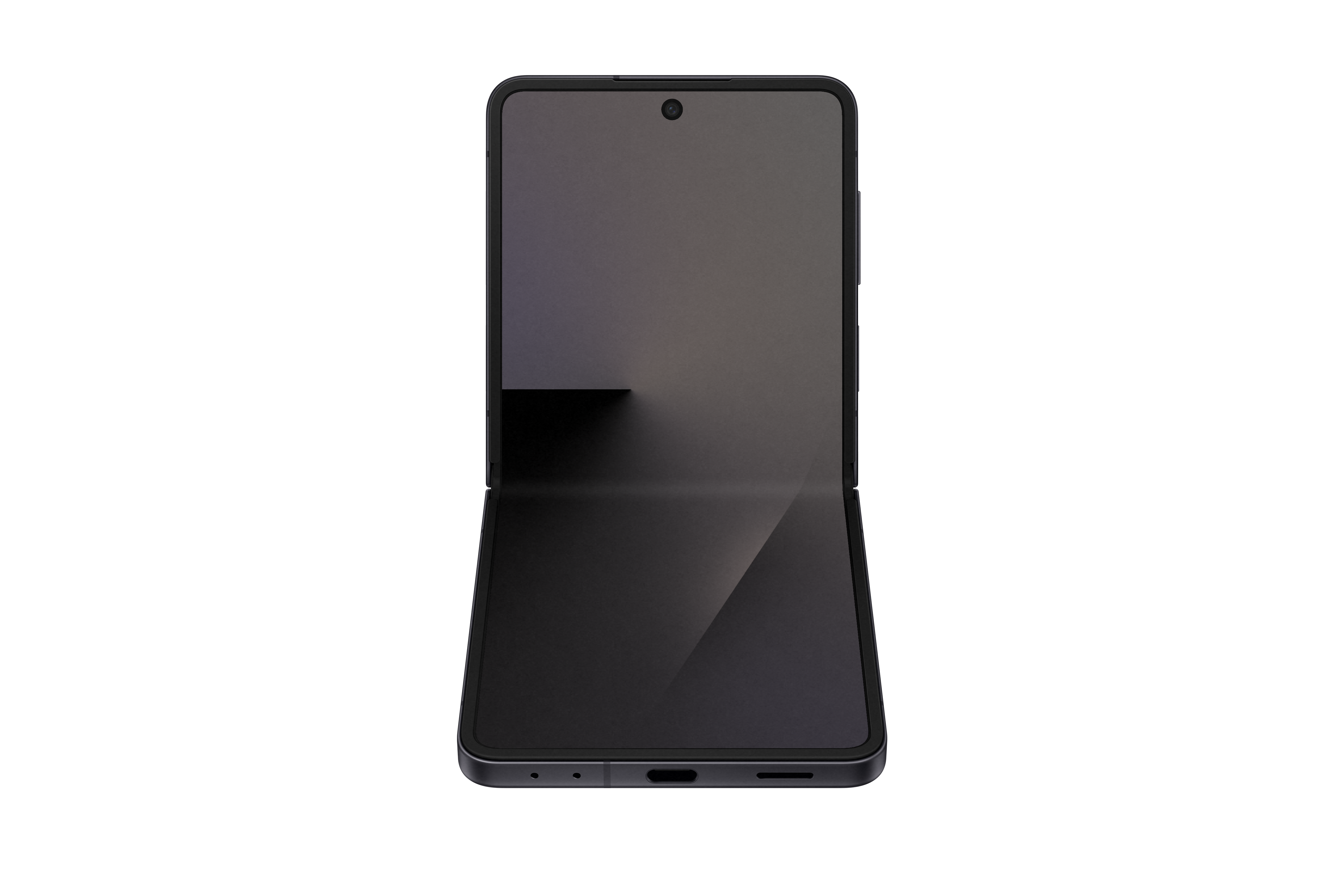Ein schwarzes, faltbares Smartphone, teilweise geöffnet. Der Bildschirm ist dunkelgrau, der Hintergrund weiß.