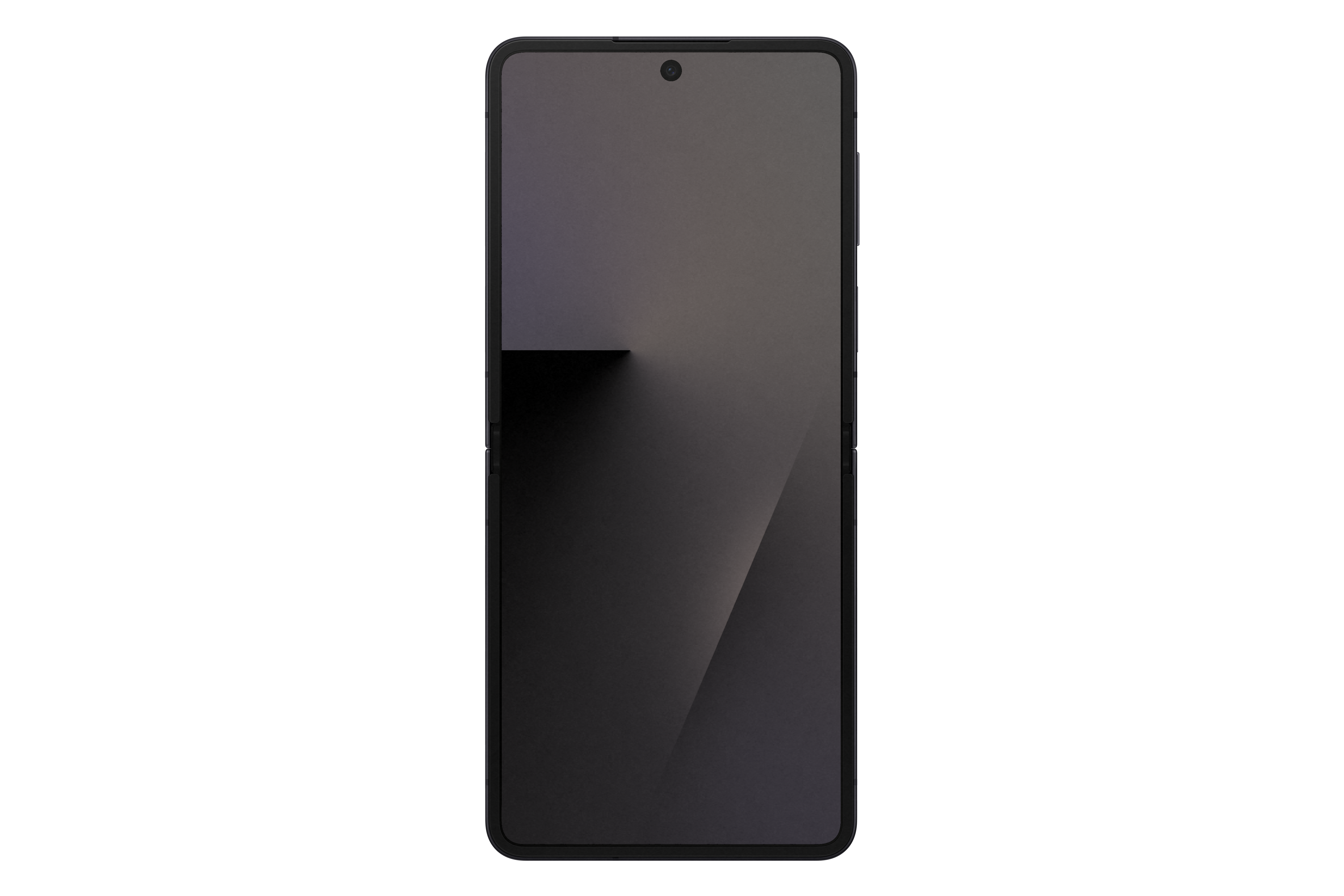 Ein schwarzes Smartphone mit dunklem Bildschirm und Kamera oben. Der Hintergrund ist weiß.