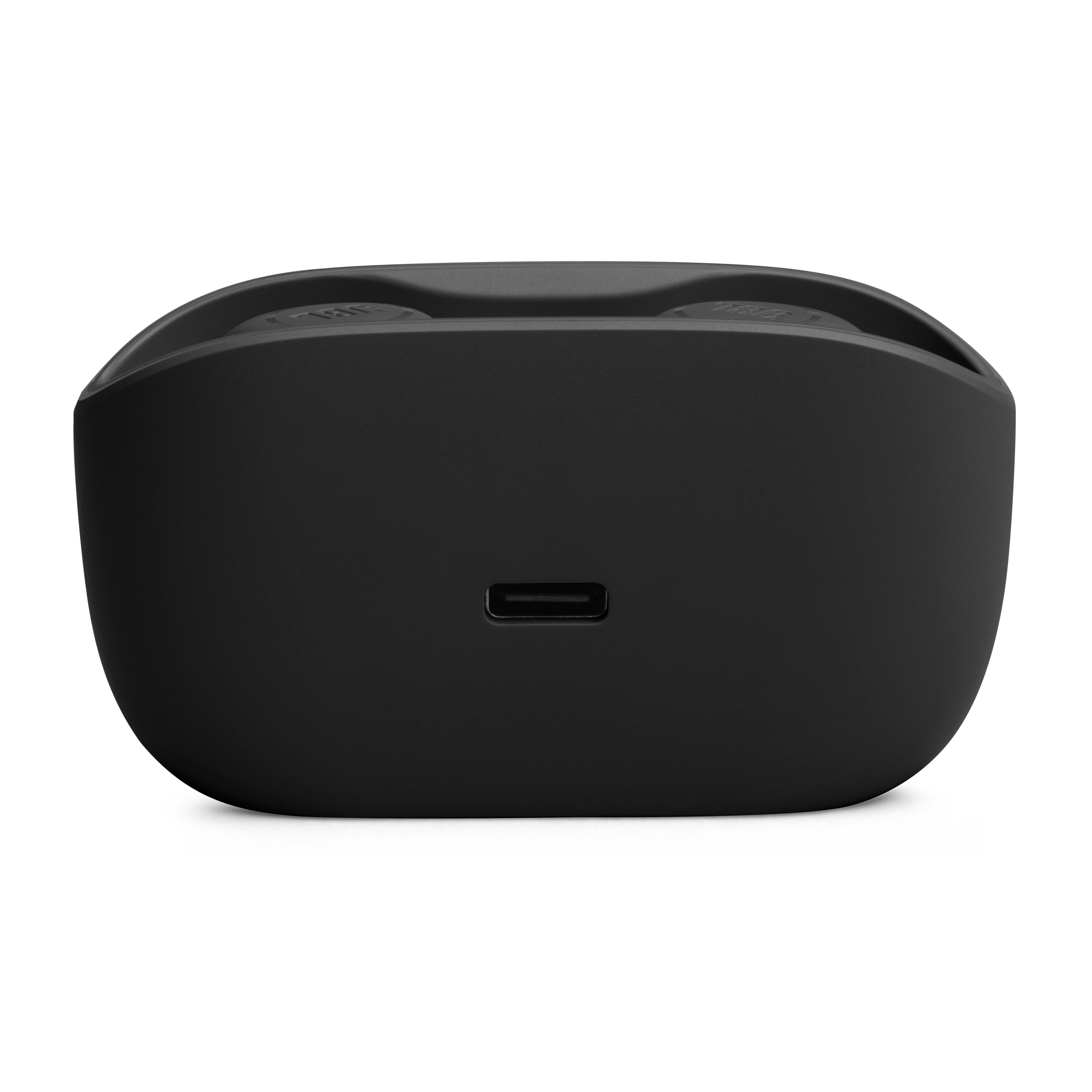 Ein schwarzes Ladeetui für Ohrhörer. Es hat einen USB-C-Anschluss und eine abgerundete Oberseite.
