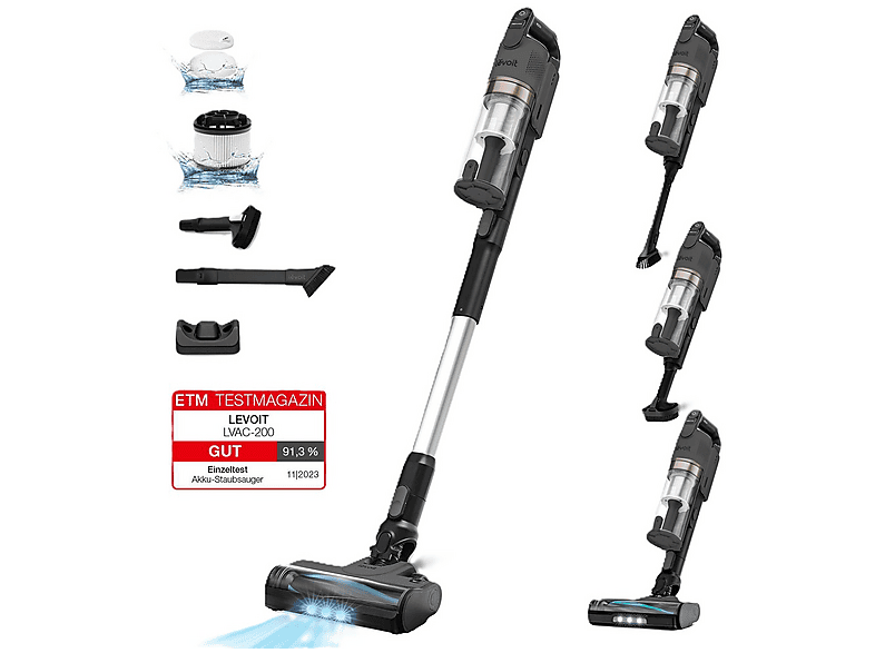 Levoit LSV-V201-GEUR Anti-Haar-Verwicklung Staubsauger (0,75 l, Akkulaufzeit: 12-50 Minuten, Schwarz)