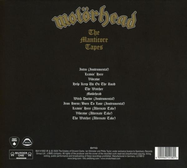 Albumcover mit schwarzem Hintergrund, goldfarbenem Text: Motorhead, The Manticore Tapes, Titelliste, Logos und Copyright-Informationen.