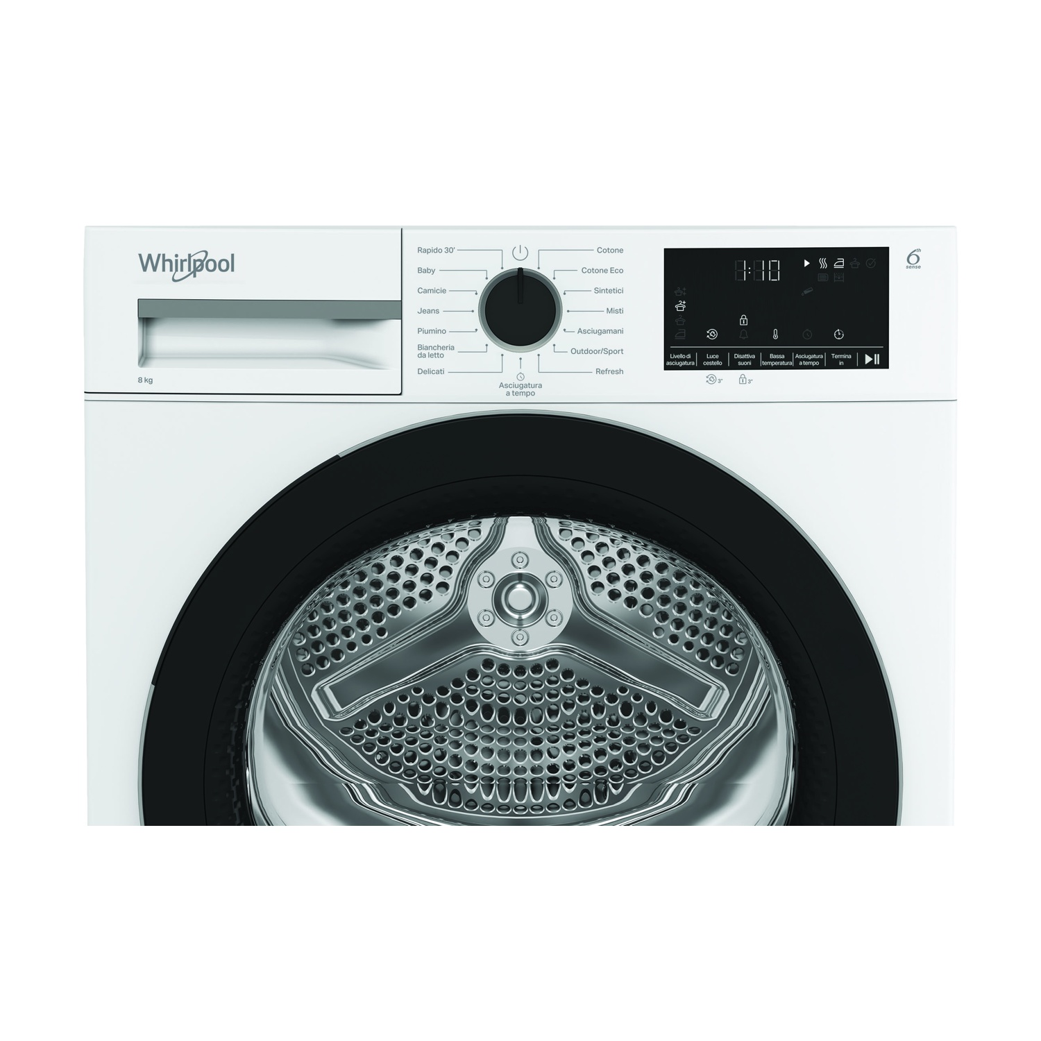Un'asciugatrice Whirlpool bianca. Ha una porta nera, un pannello di controllo con impostazioni e un display digitale che mostra 8:00.