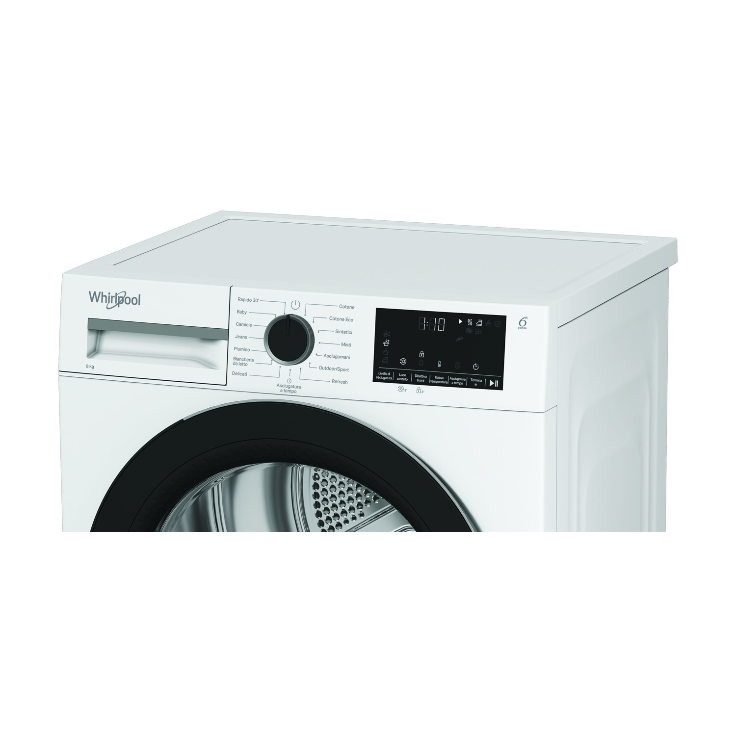 Un'asciugatrice Whirlpool bianca con display digitale. La porta è nera. I controlli includono la selezione del ciclo e il timer.