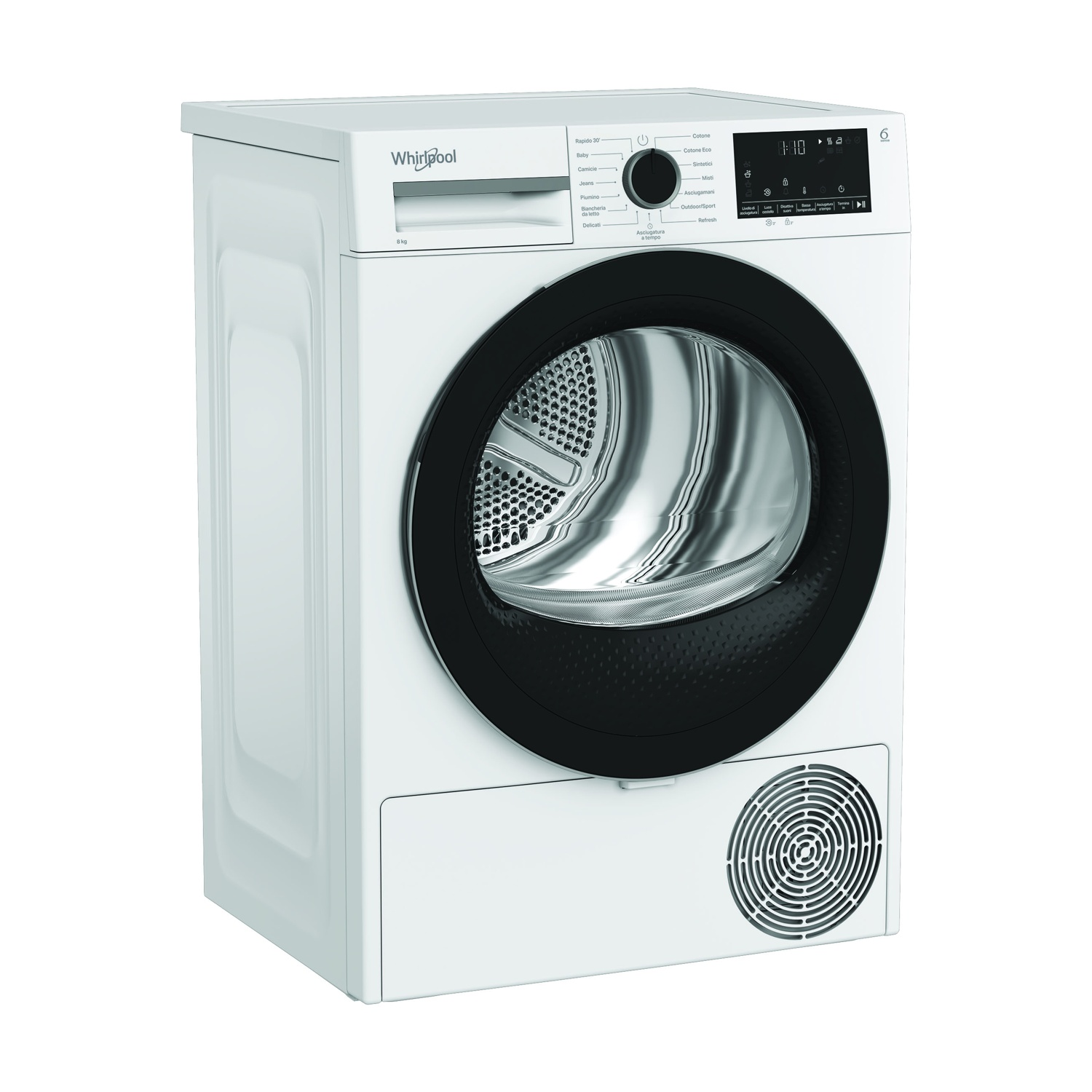 Un'asciugatrice Whirlpool bianca. Ha una porta e un pannello di controllo neri. Il display digitale mostra l'ora. C'è un ventilatore in basso.