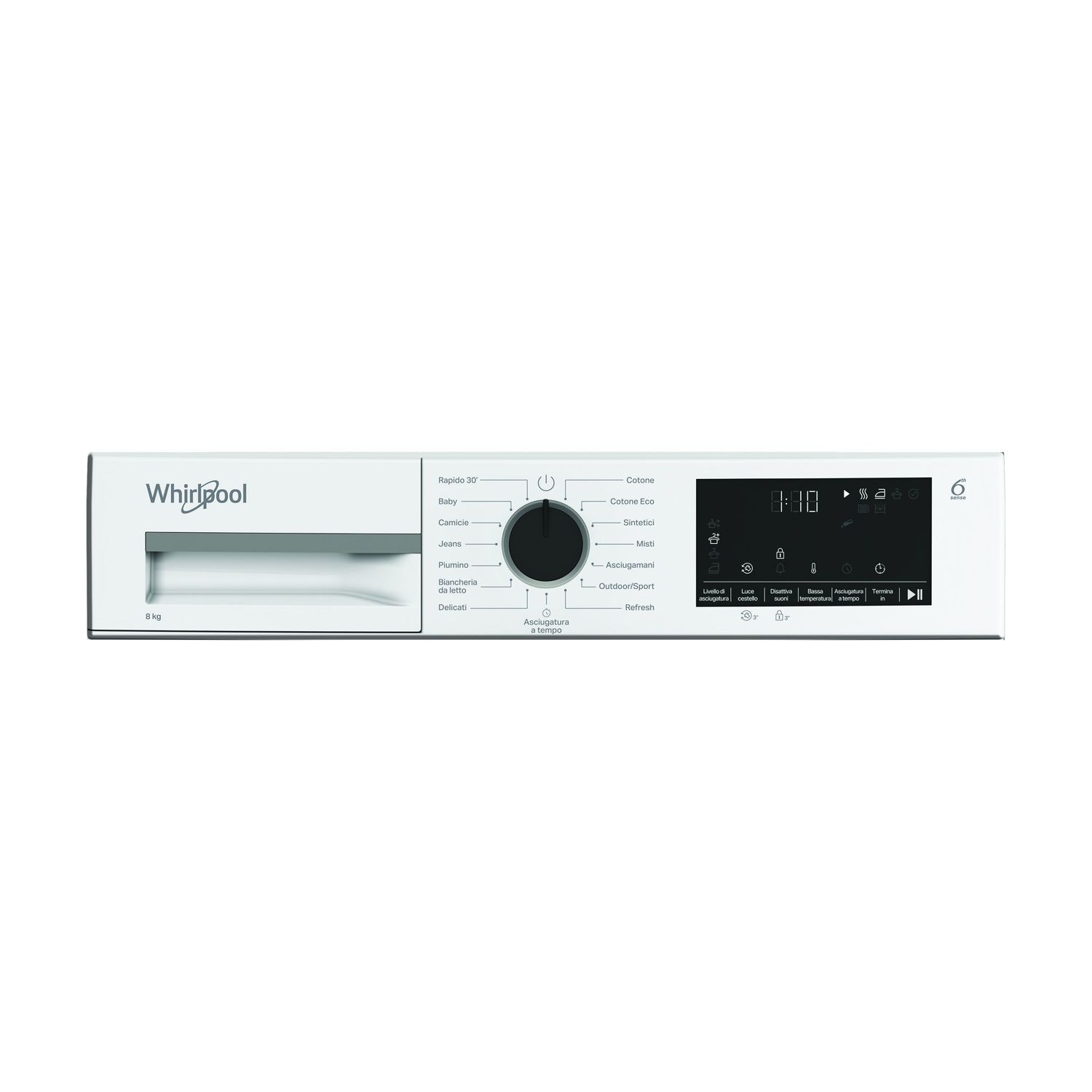 Pannello di controllo bianco della lavatrice Whirlpool. Ha pulsanti e un display con impostazioni e ora. Una manopola seleziona i programmi di lavaggio.
