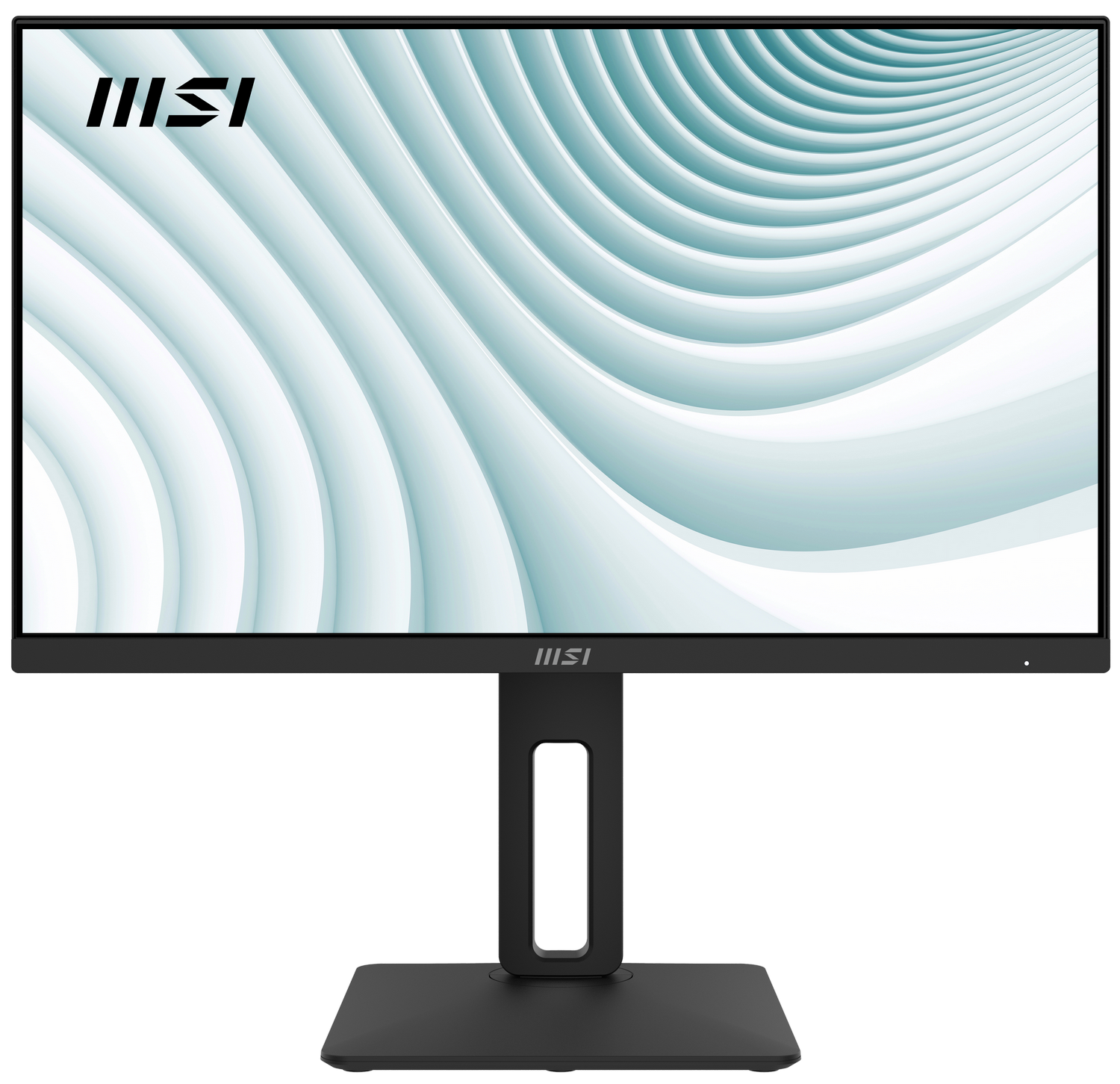 Monitor MSI negro. La pantalla muestra ondas abstractas blancas y turquesas. El soporte y el marco son negros. Logotipo de MSI visible.