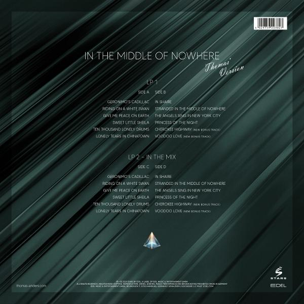 Albumcover mit dem Titel 'In The Middle of Nowhere'. Listet Tracks auf den Seiten A, B, C und D. Dunkelgrüner Hintergrund mit Text und Logo.