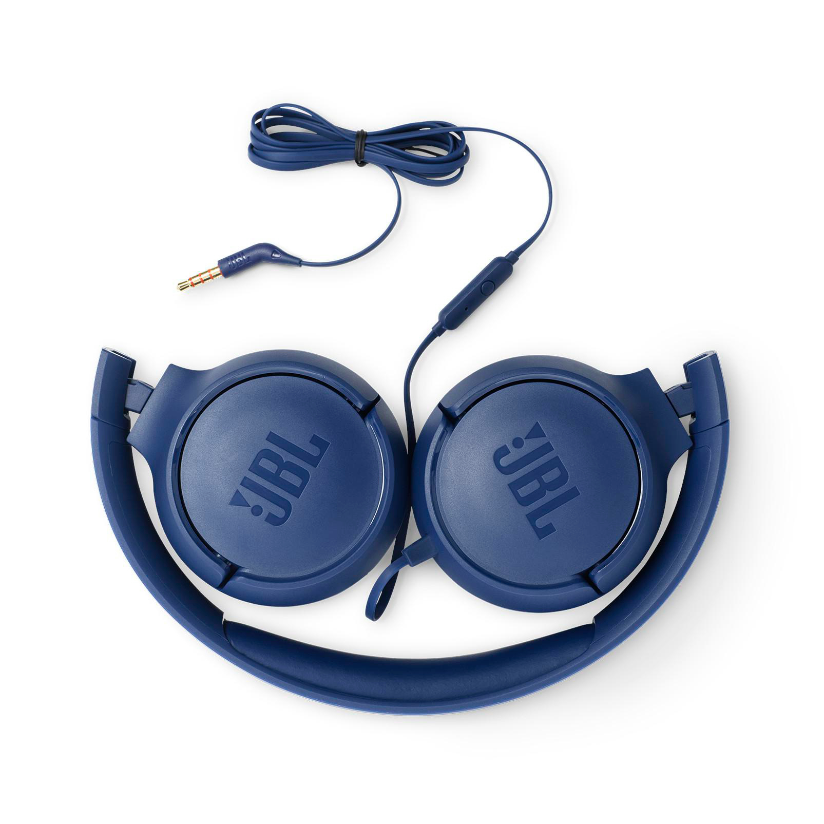 Blaue JBL-Kopfhörer mit Kabel und 3,5-mm-Klinke auf weißem Hintergrund. Das Logo ist auf beiden Ohrmuscheln sichtbar.