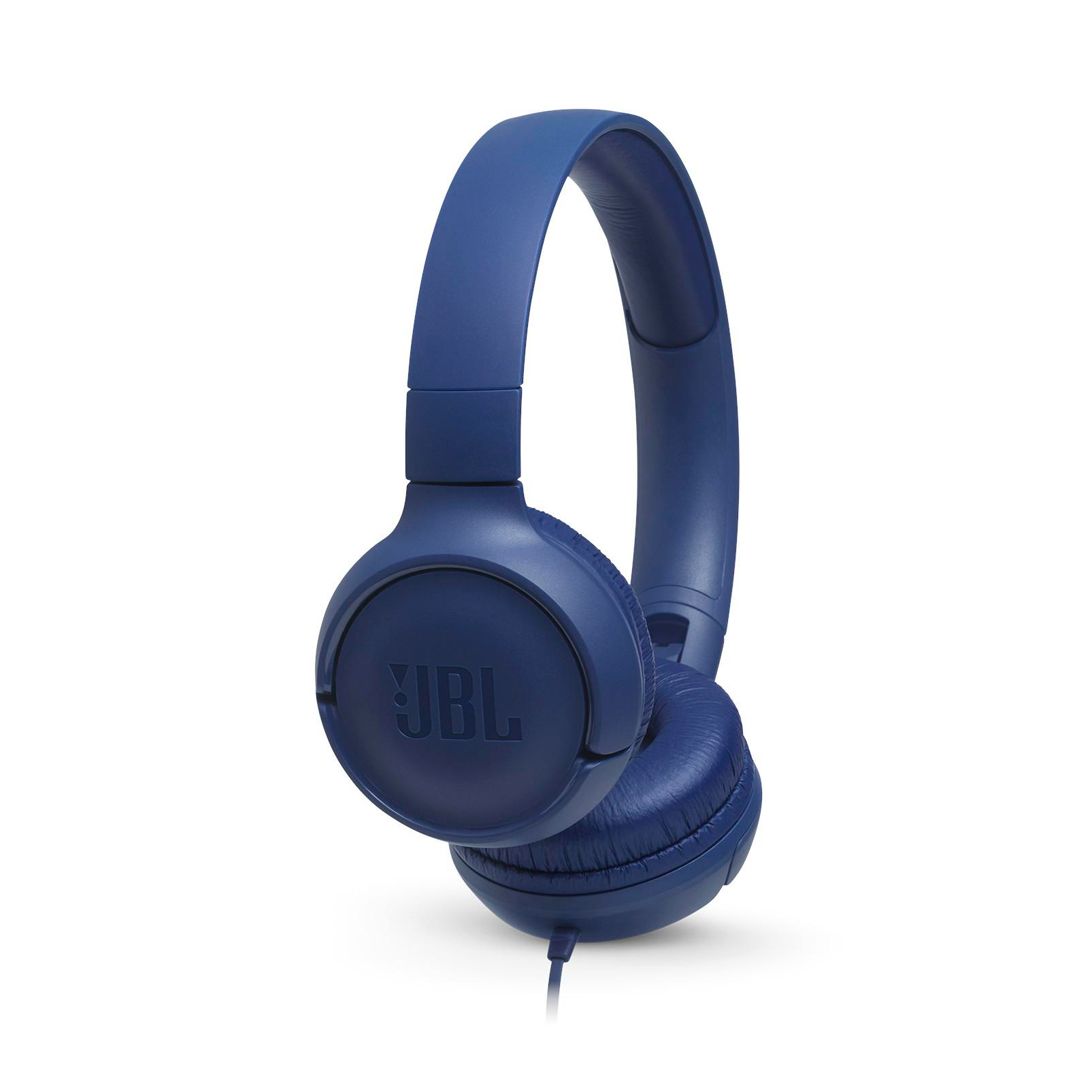 Ein blaues JBL-Headset wird vor weißem Hintergrund angezeigt. Das Headset ist Over-Ear-Stil mit einem Kabel.