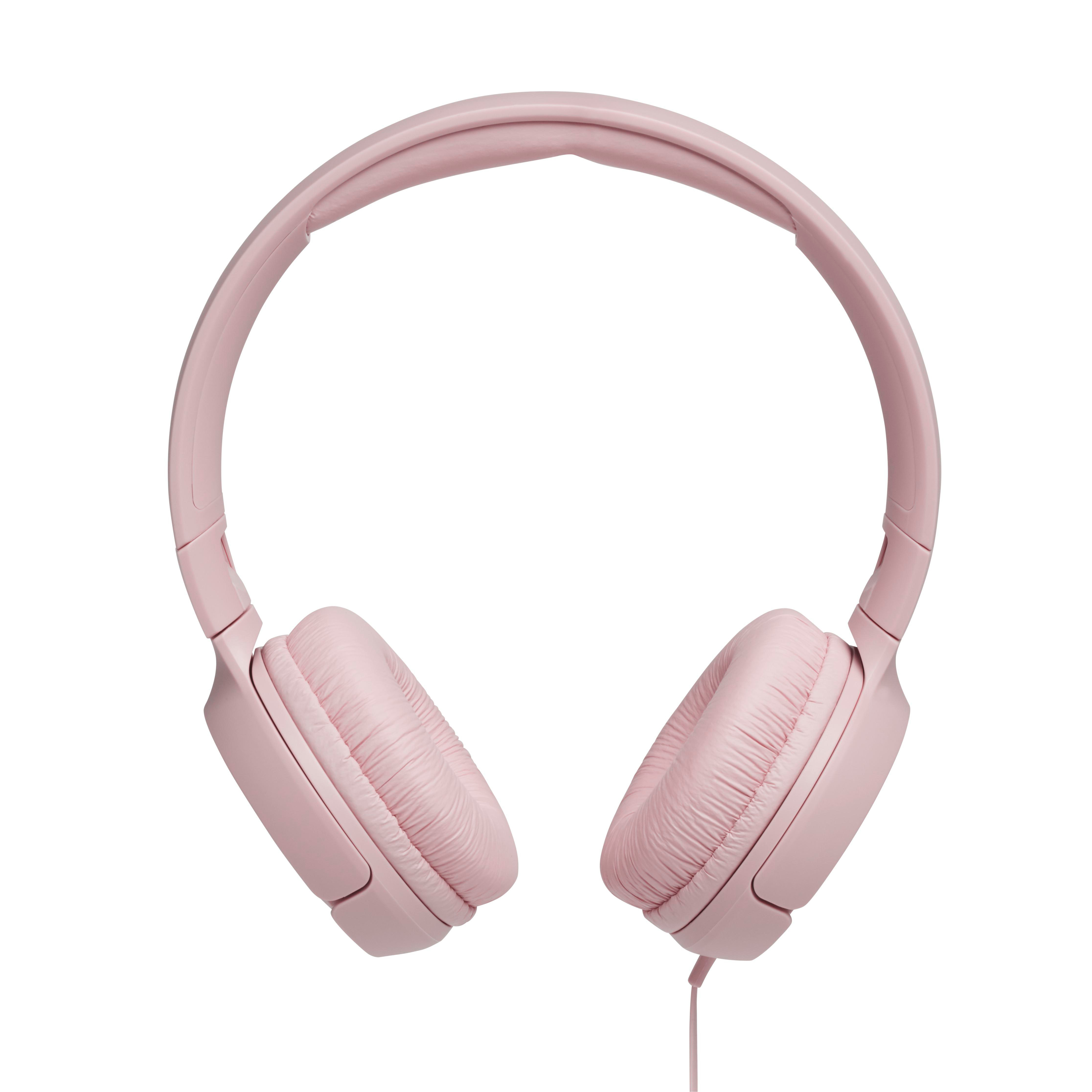 Rosa Kopfhörer auf weißem Hintergrund. Die Kopfhörer sind Over-Ear-Stil mit einem Anschlusskabel.