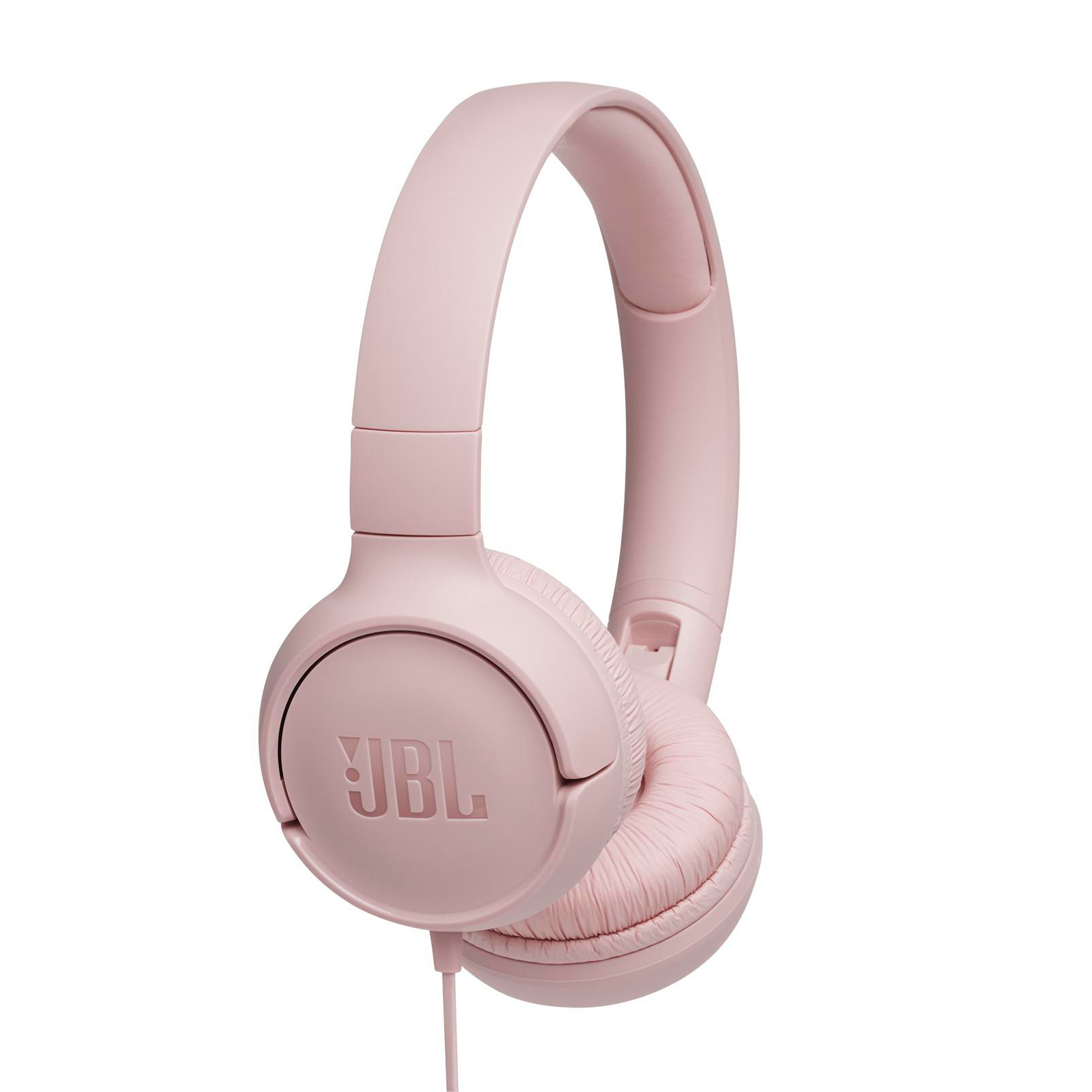 Rosa JBL-Kopfhörer auf weißem Hintergrund. Die Kopfhörer haben einen gebogenen Kopfbügel und Ohrmuscheln. Ein Kabel geht von der Ohrmuschel aus.