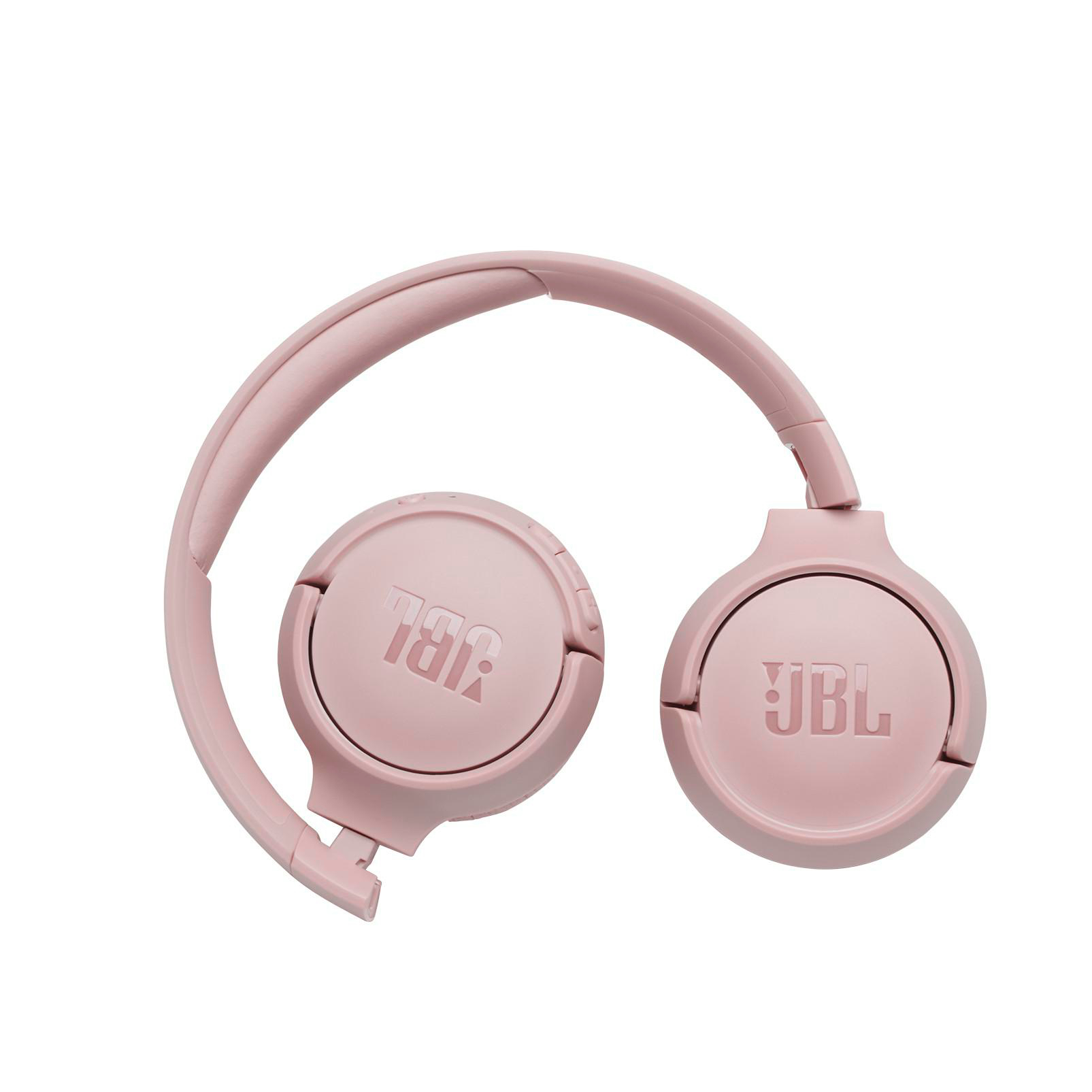 Rosa JBL-Kopfhörer auf weißem Hintergrund. Die Kopfhörer sind offen und zeigen Ohrmuscheln und Bügel.