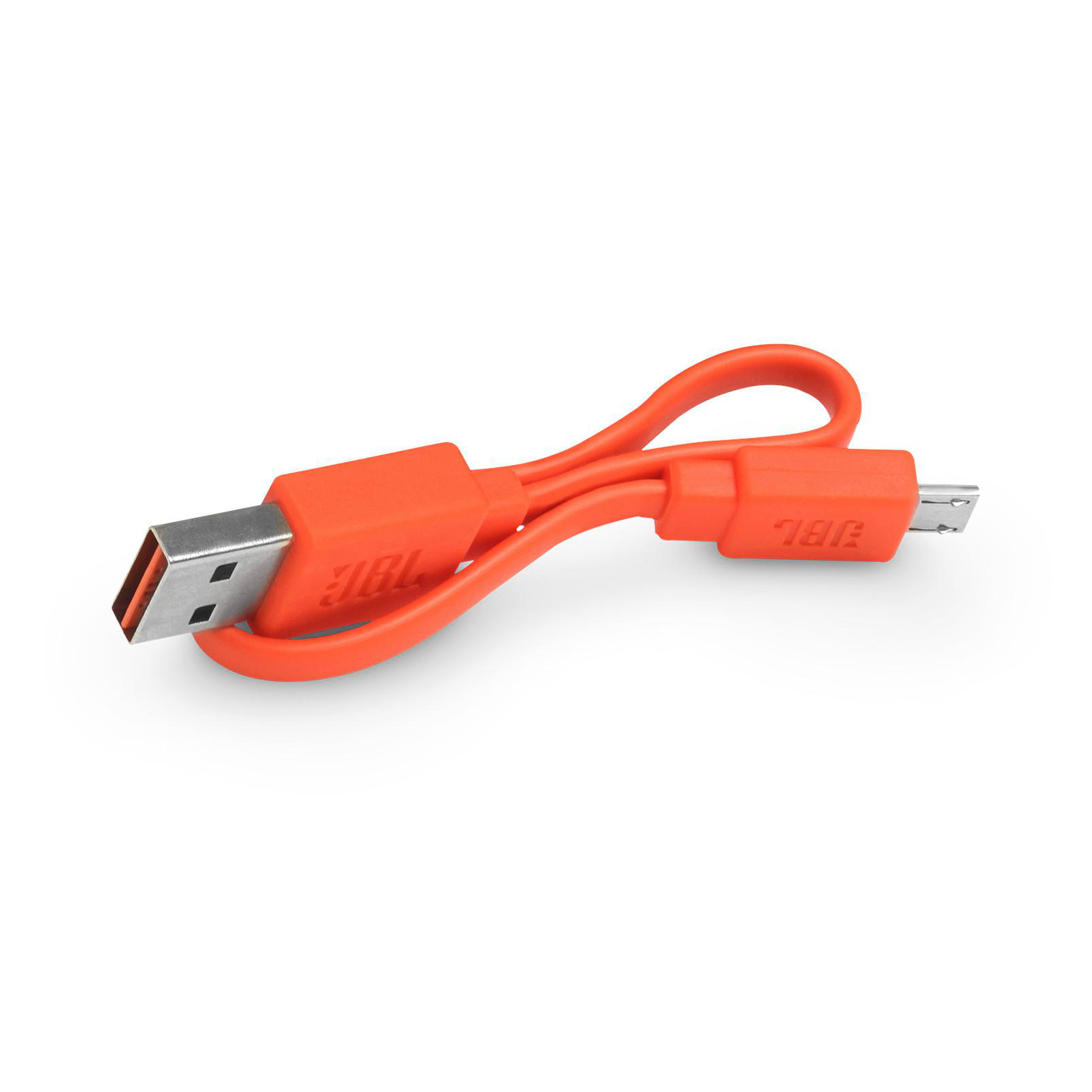 Oranges JBL-USB-Kabel auf weißem Hintergrund. Das Kabel hat USB-A- und Micro-USB-Anschlüsse.