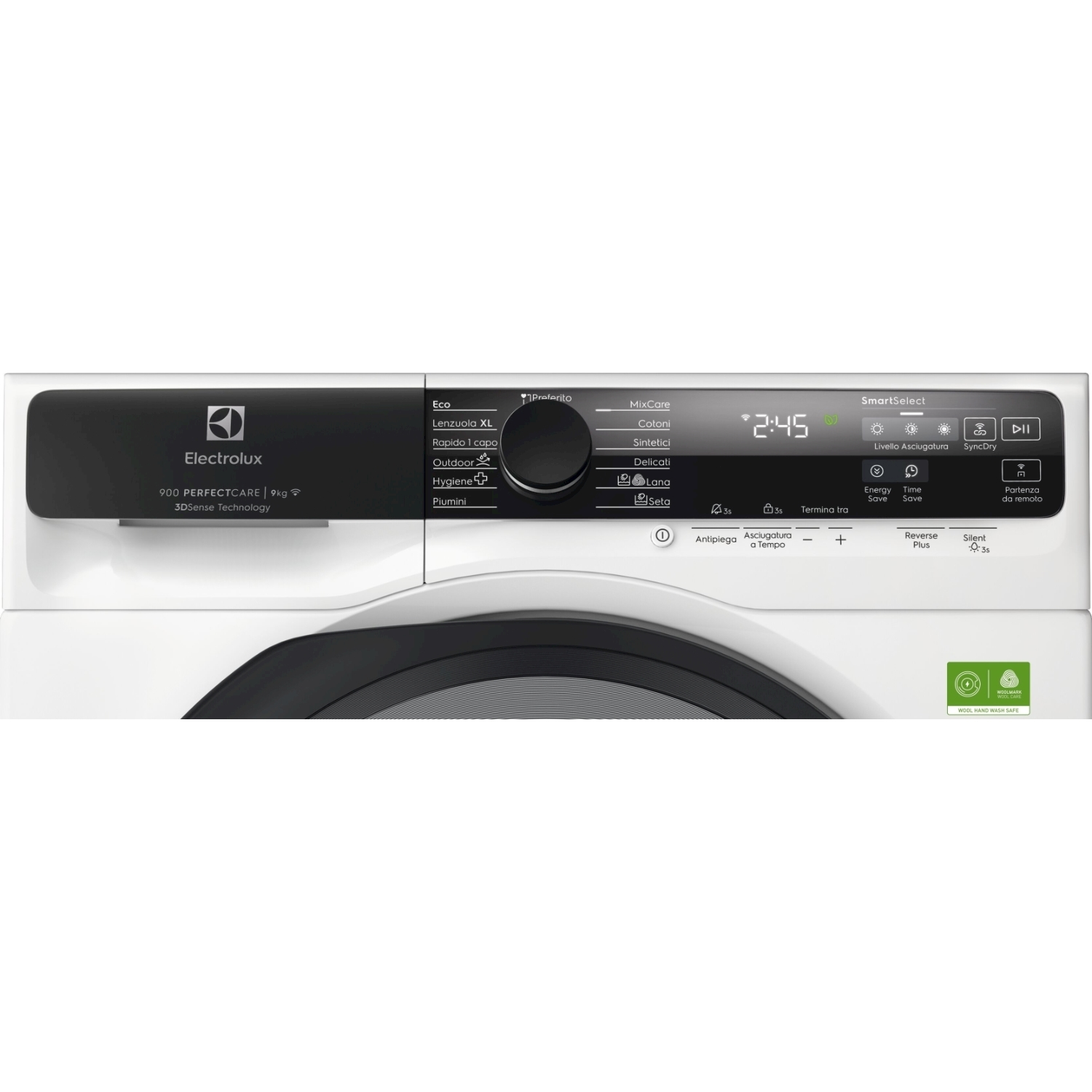 Un pannello frontale bianco dell'asciugatrice Electrolux con pulsanti di controllo, display che mostra 2:45 e varie opzioni di asciugatura.
