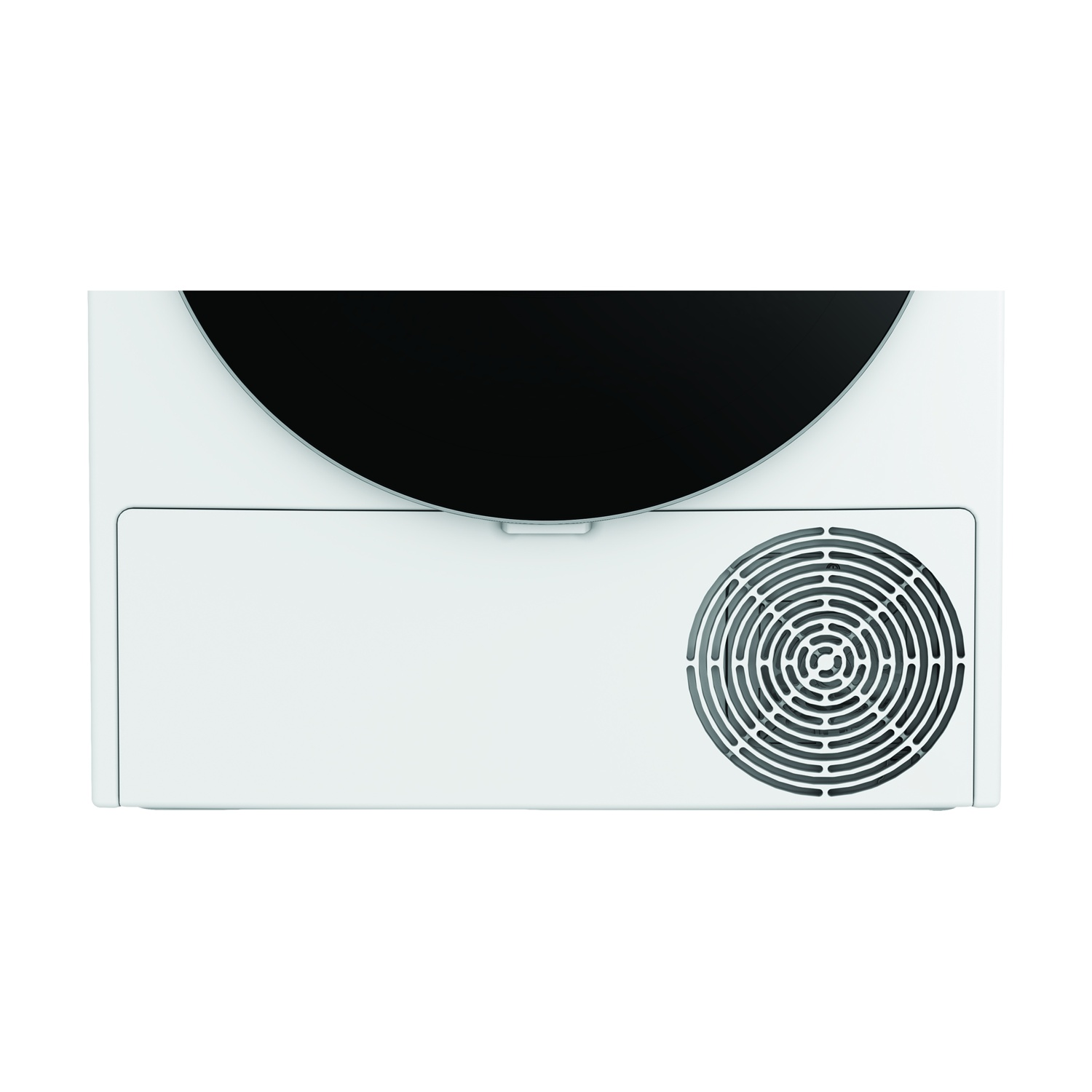 Un dispositivo rettangolare bianco con una parte superiore nera curva. Ha una ventola a destra e una piccola porta in basso.