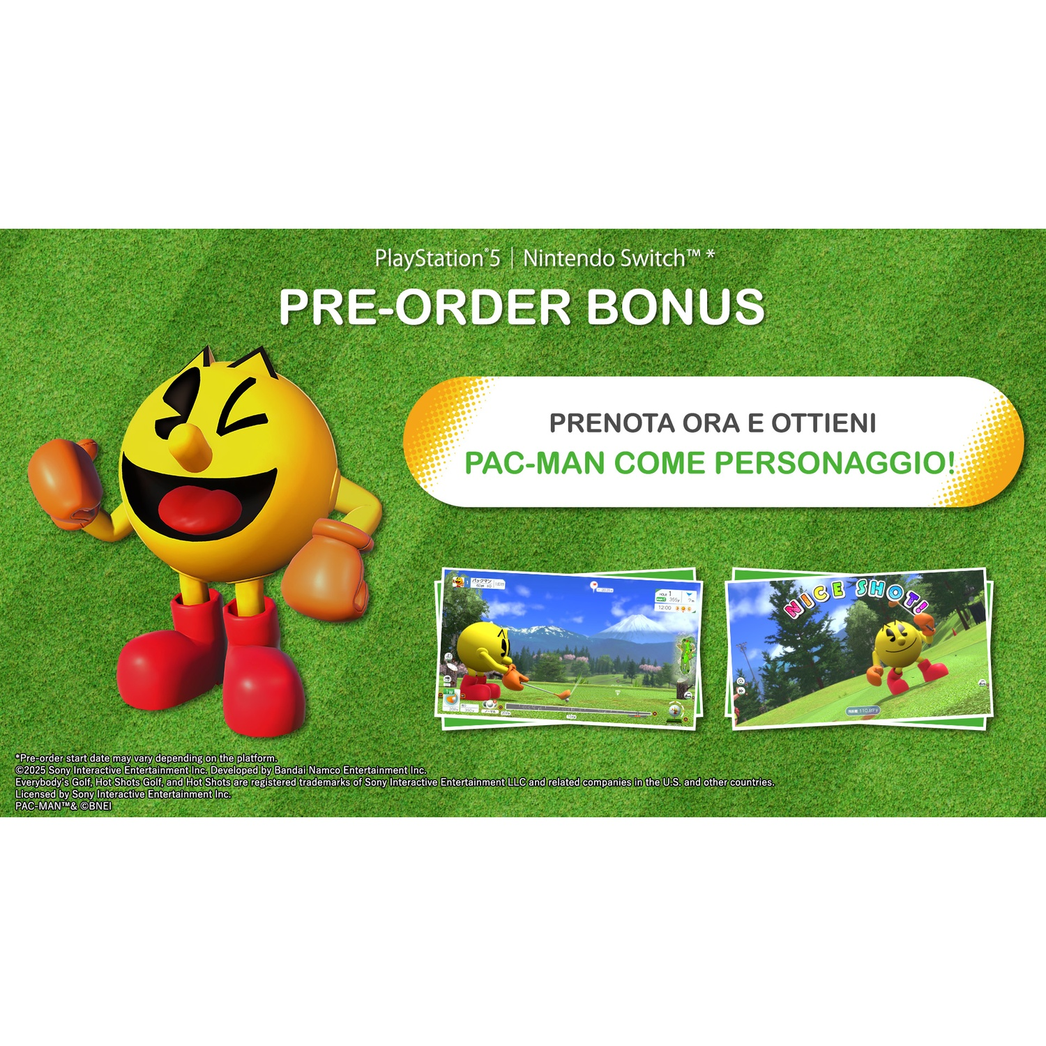 Personaggio di Pac-Man con stivali e guanti rossi su sfondo verde. Bonus pre-ordine per PlayStation 5 e Nintendo Switch.
