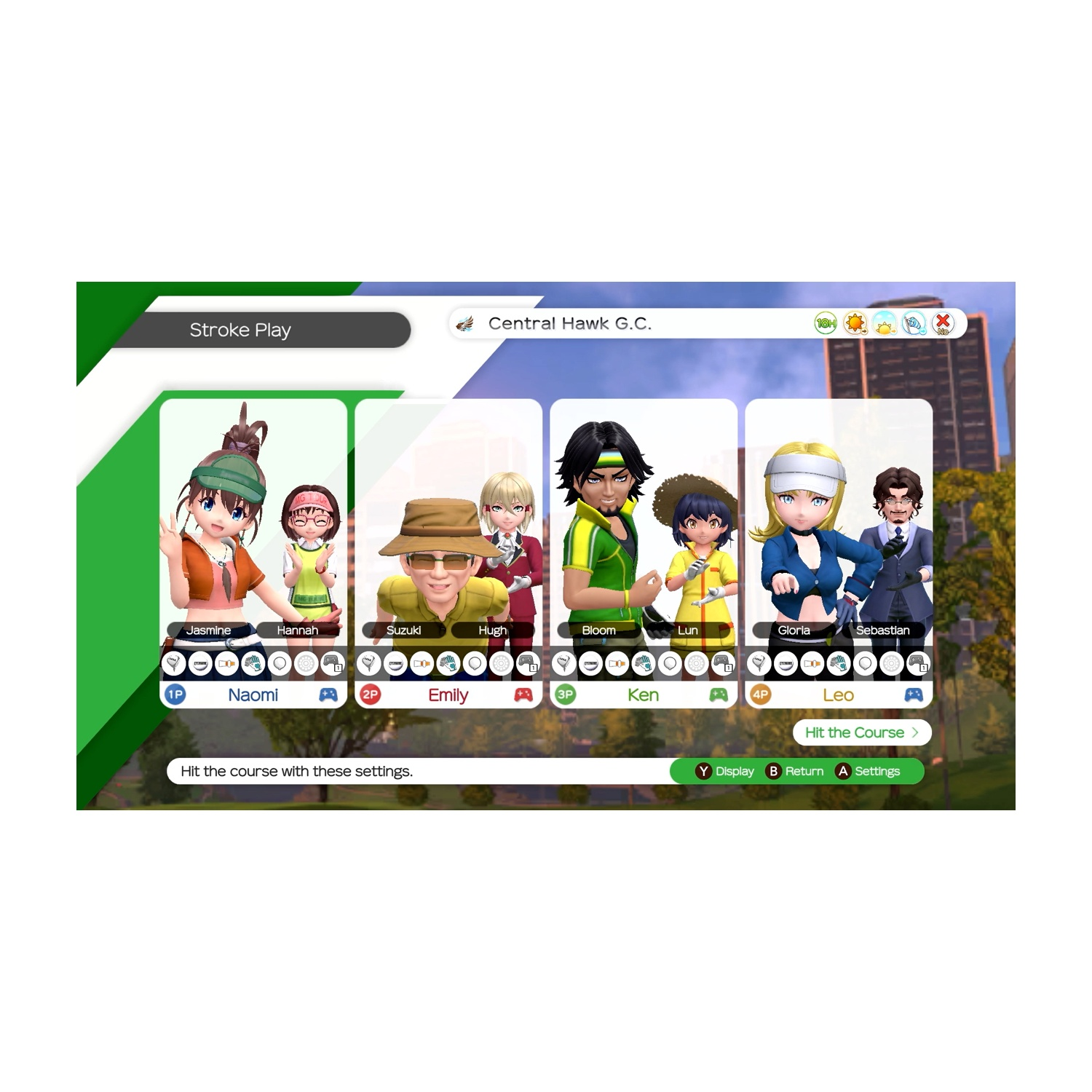 Interfaccia di gioco di golf con selezione dei personaggi. Giocatori: Jasmine, Hannah, Suzuki, Hugh, Bloom, Lun, Gloria, Sebastian. Campo: Central Hawk G.C.
