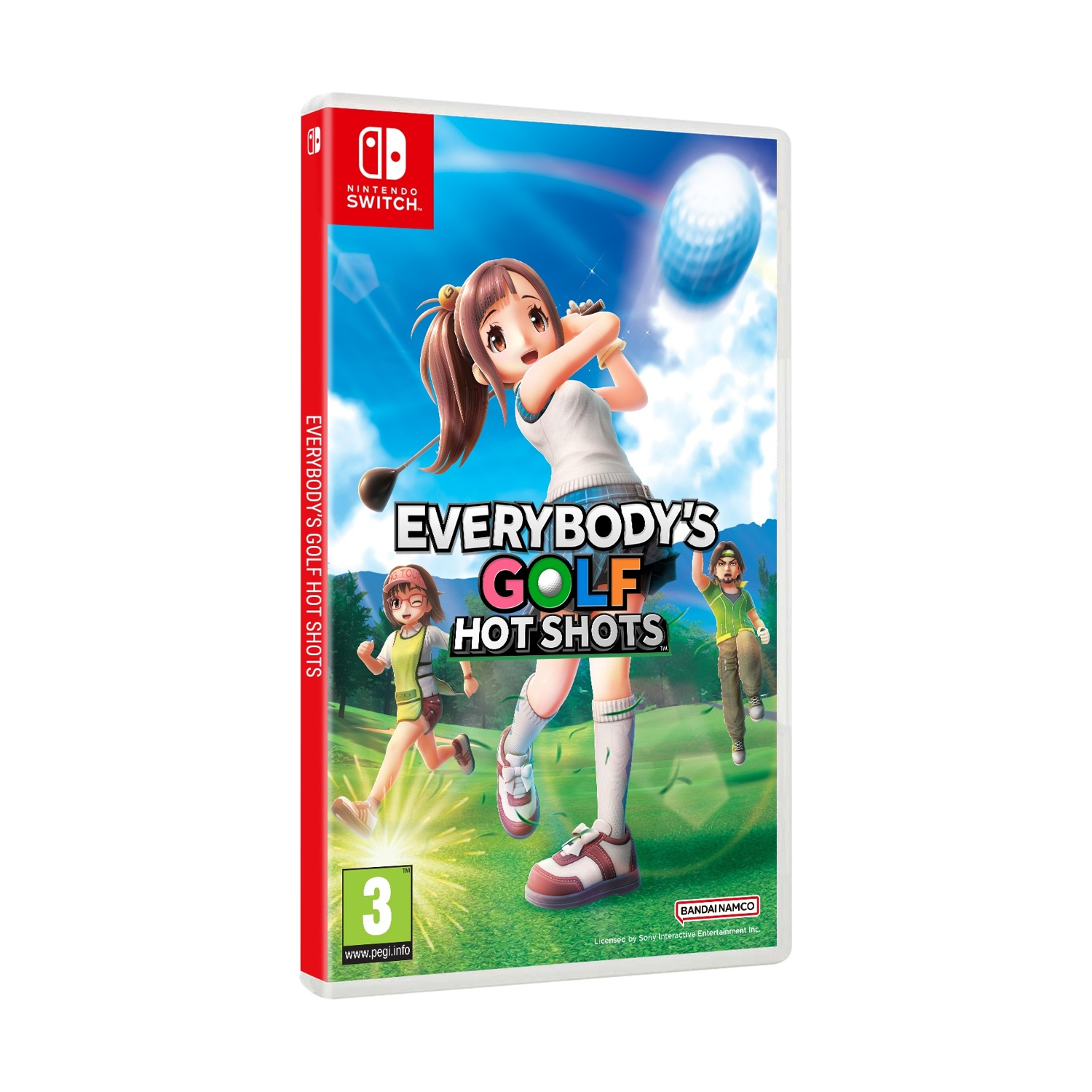 Copertina del gioco. Una ragazza colpisce con una mazza da golf, una palla vola. Altri corrono. Titolo: Everybody's Golf Hot Shots.