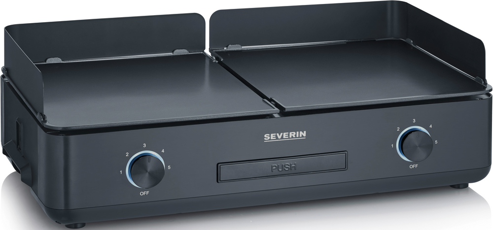 Schwarzer Elektrogrill mit zwei Kochflächen, zwei Drehknöpfen und einer 'PUSH'-Taste. Die Marke 'SEVERIN' ist sichtbar.