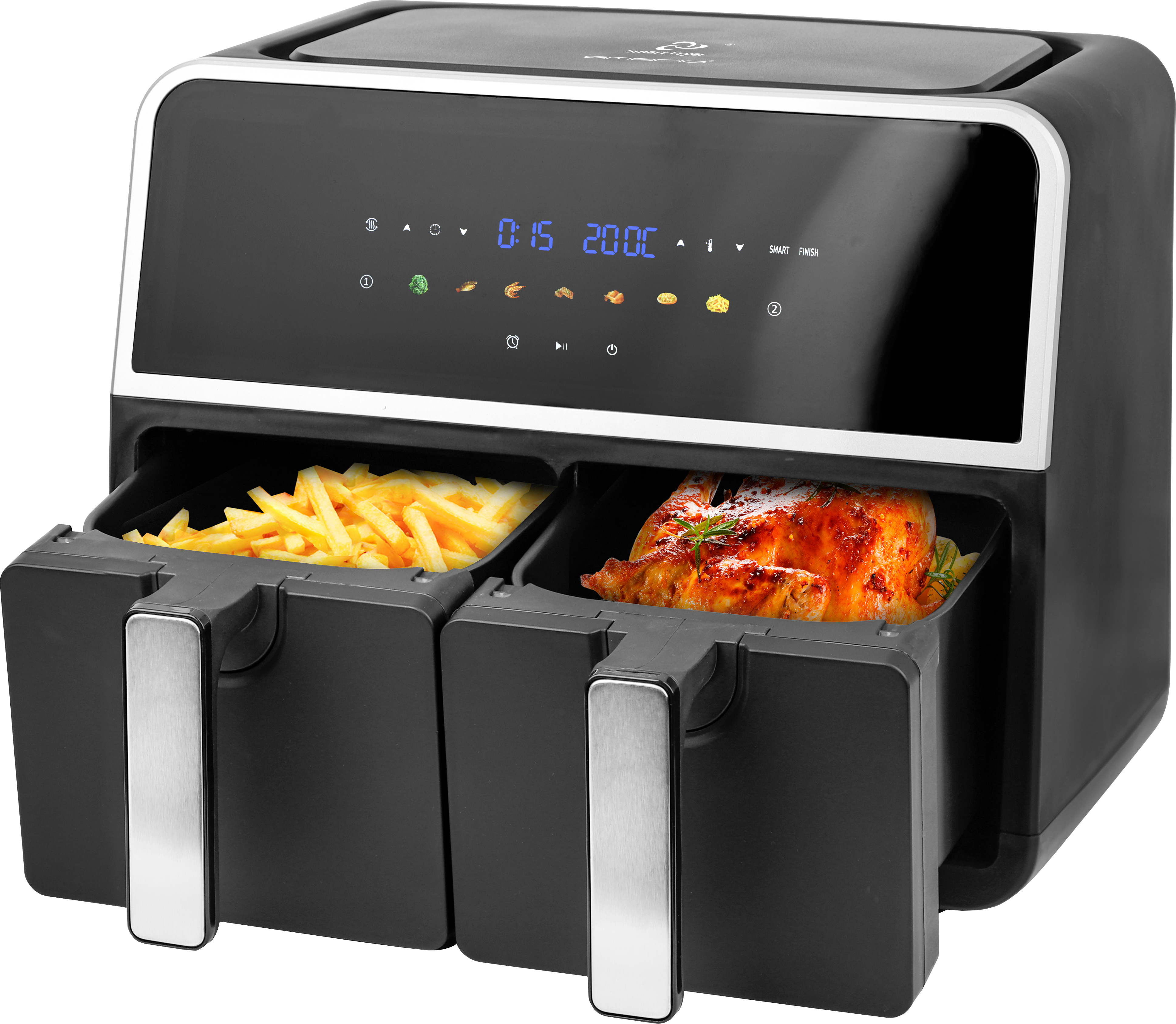 Schwarze Heißluftfritteuse mit Pommes und Brathähnchen. Mit Digitalanzeige und zwei Schubladen.