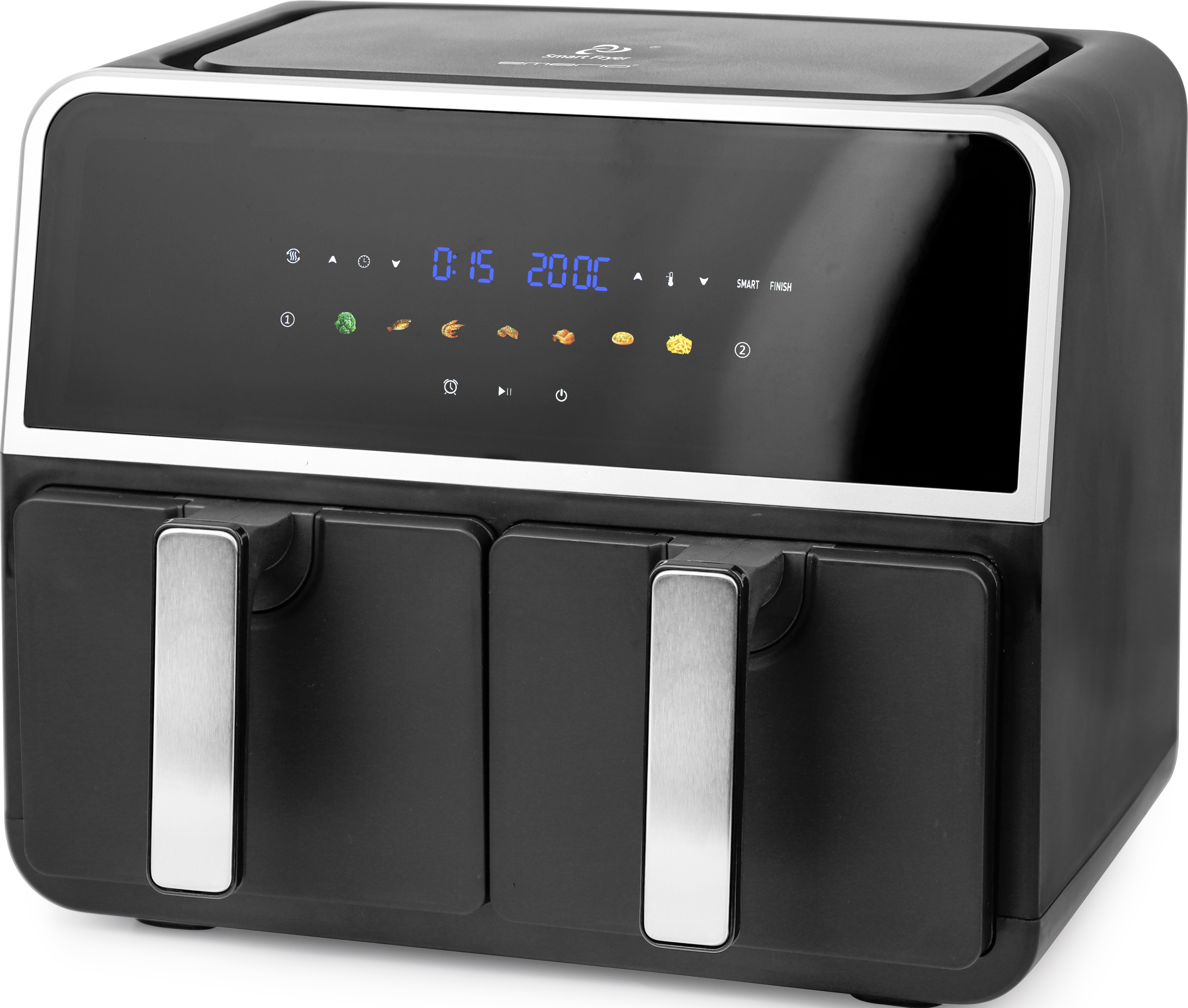 Schwarze Heißluftfritteuse mit Digitalanzeige. Sie zeigt Zeit und Temperatur an. Mit zwei Griffen und Lebensmittelsymbolen.