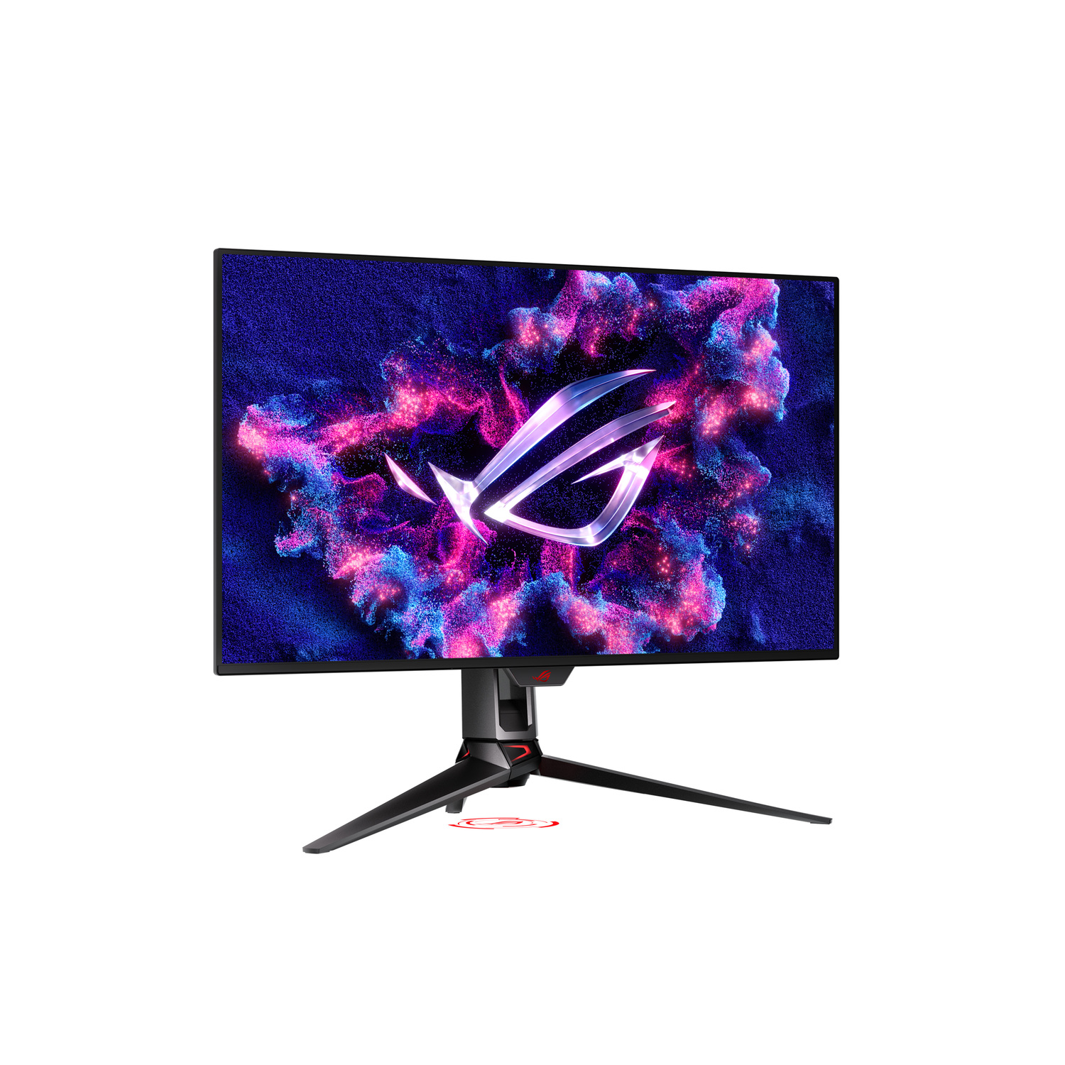 A gaming monitor with a black frame, displaying a colorful abstract design, and a stand with three legs on a white background.