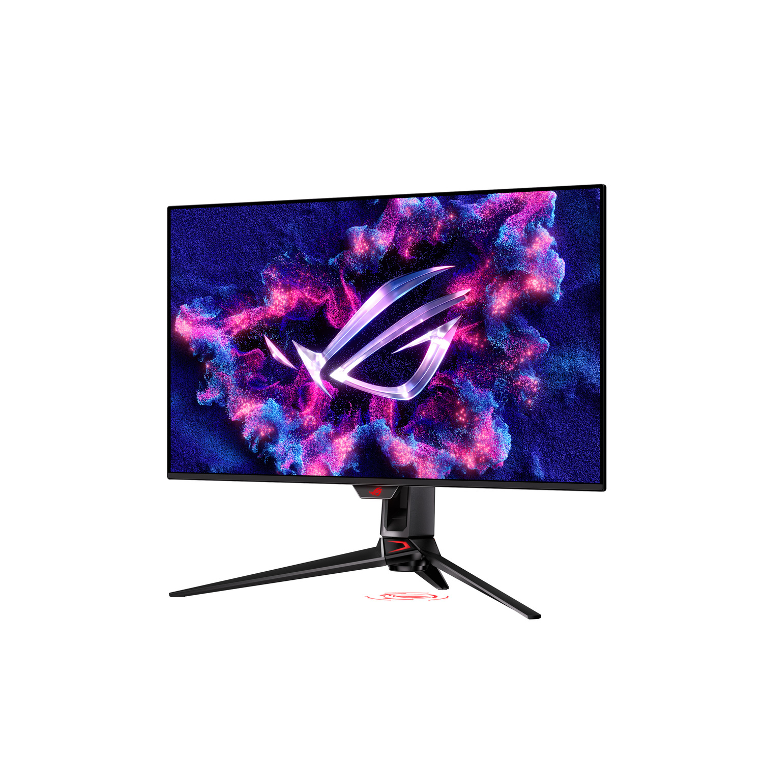 A black ROG monitor with a stylized logo on the screen. The screen displays a colorful, abstract design. The monitor is on a black stand.