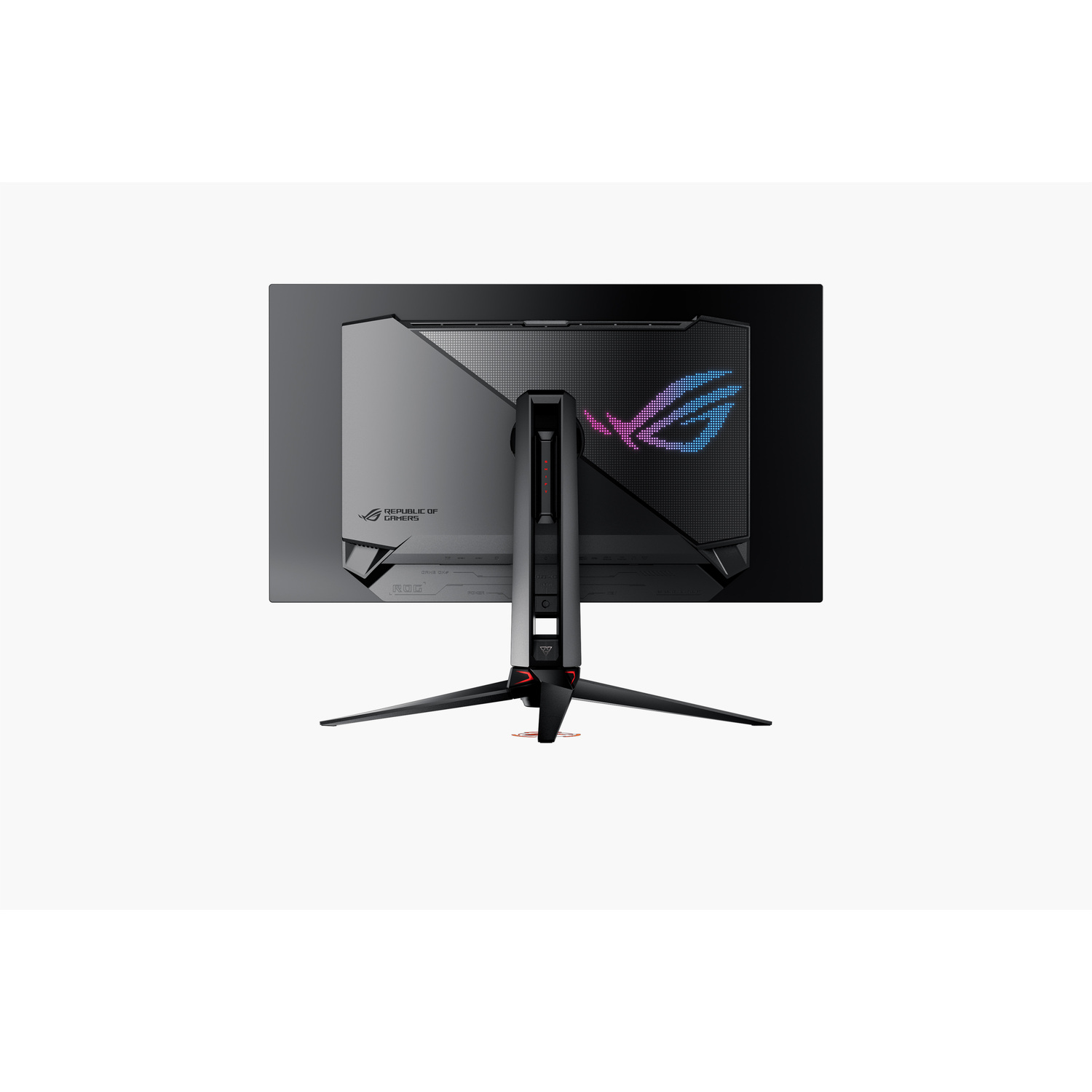 A black computer monitor with a stand, ROG logo. The screen is angled. The stand has three legs for support.