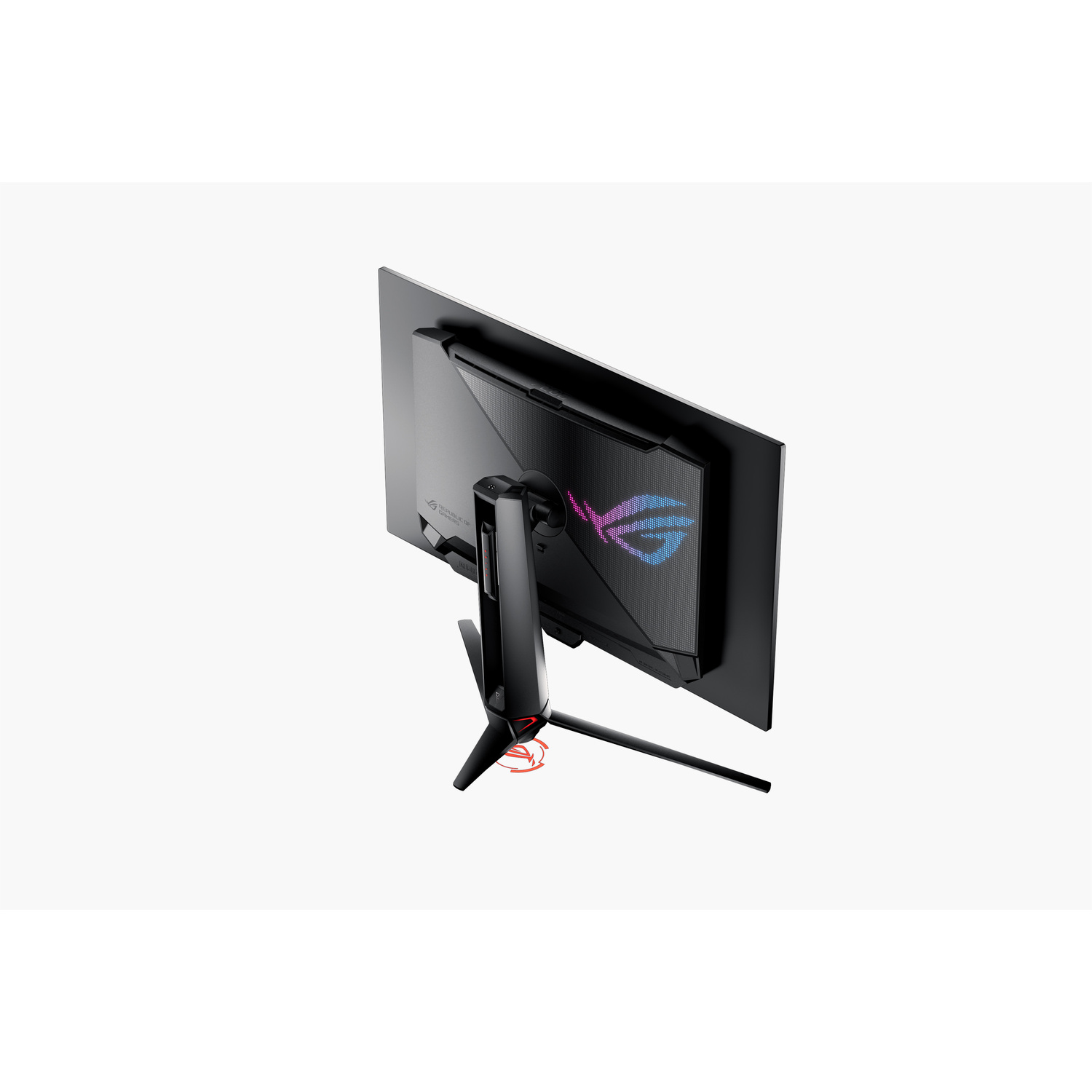 A black computer monitor with the ROG logo is angled on a white background. The monitor is mounted on a stand.