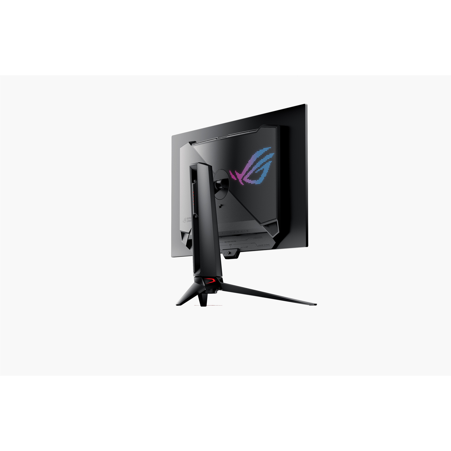 A black computer monitor with a stand. The monitor has a logo on the back. The stand is black and has a red accent.