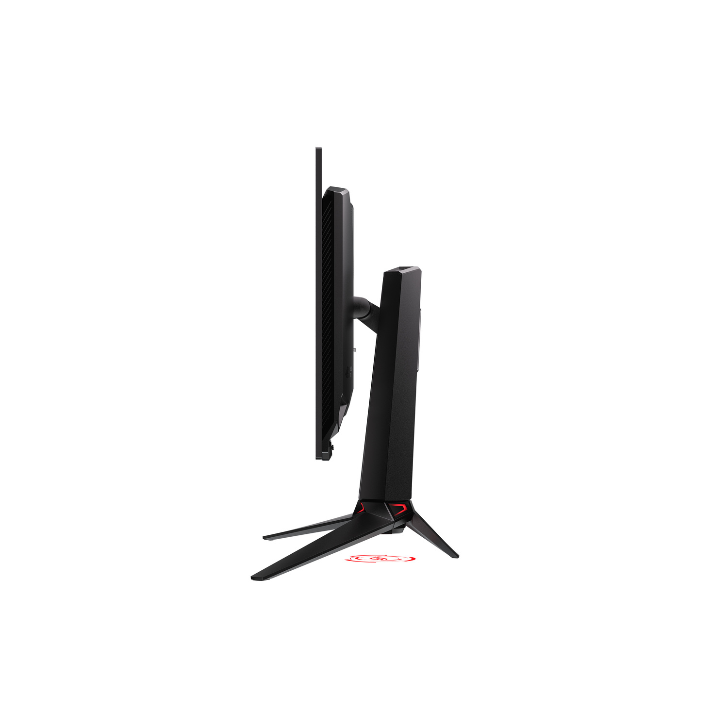 A black computer monitor is shown from a side profile. The monitor is on a stand and has red accents. The background is white.