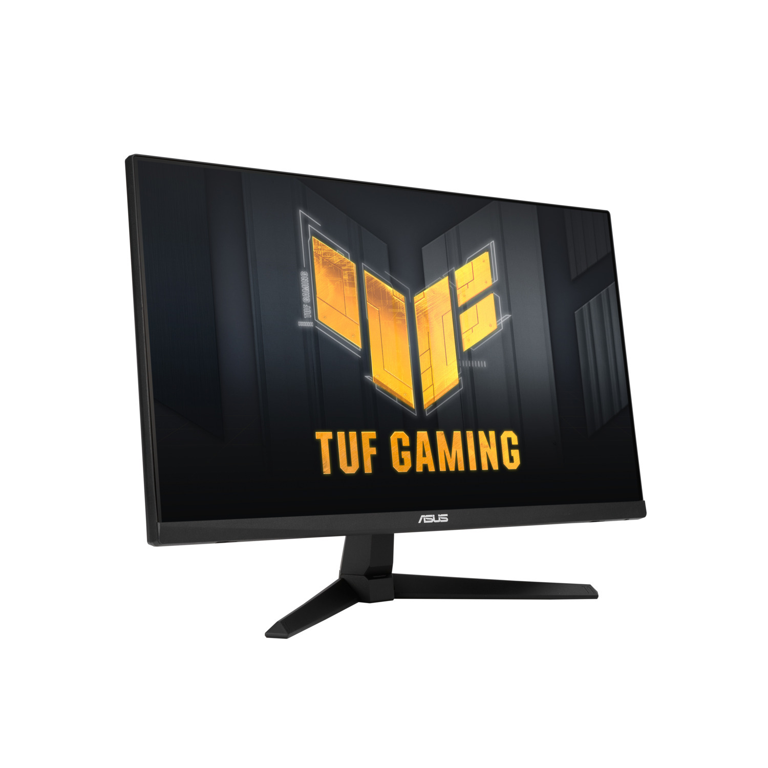Een zwarte ASUS TUF Gaming monitor. Het scherm toont een geel en zwart logo. De monitor staat op een zwarte standaard.
