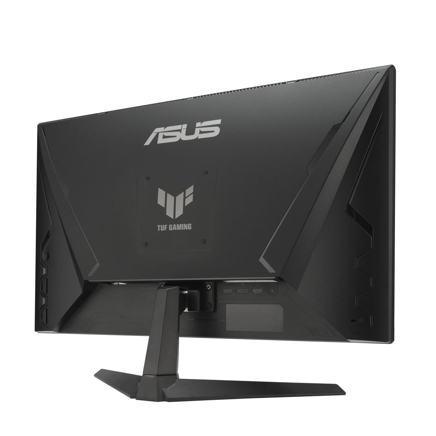 Zwarte ASUS TUF Gaming monitor. Met logo's, standaard en poorten. De achtergrond is wit.
