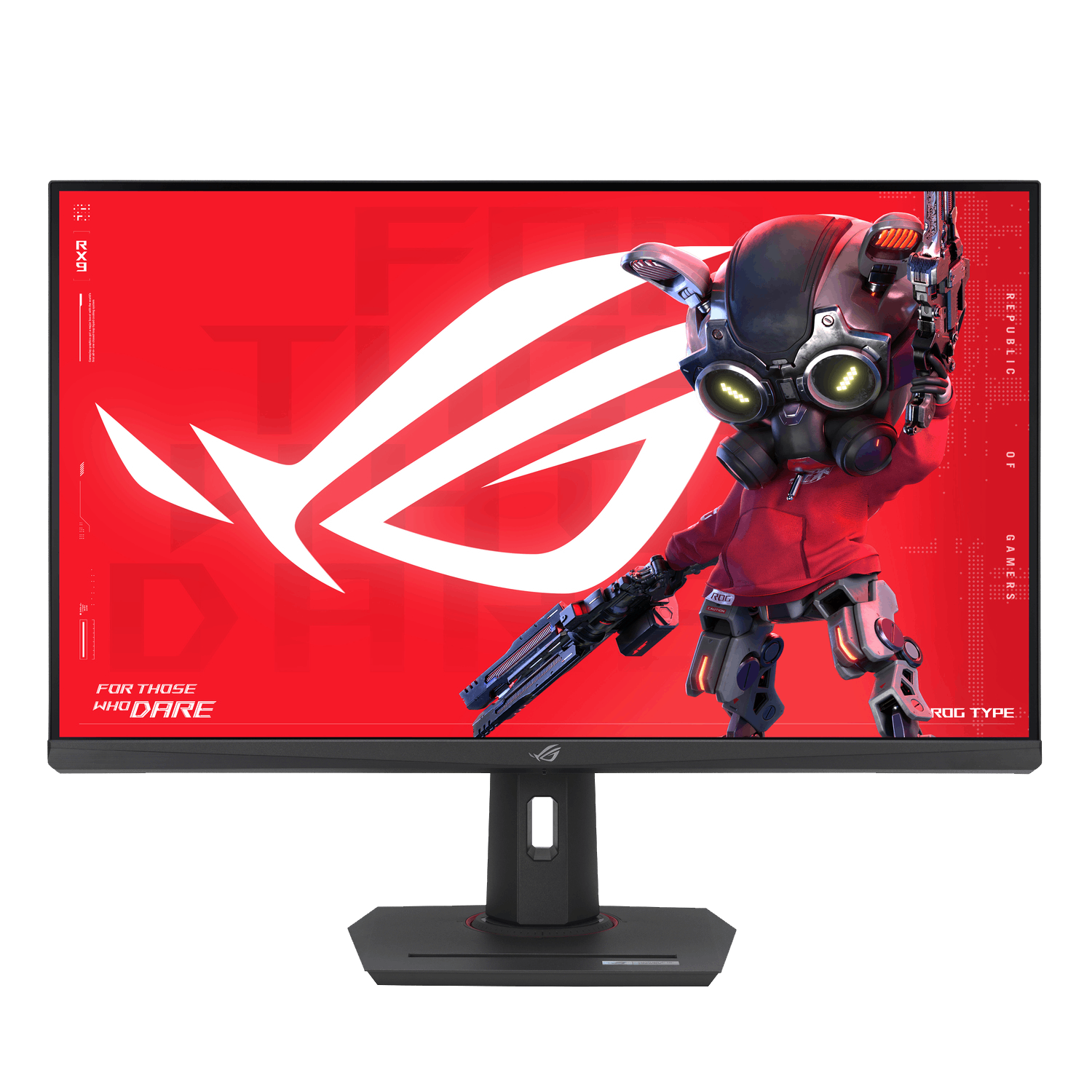 Monitor toont een robotfiguur met een geweer op een rode achtergrond met wit ROG-logo en tekst 'FOR THOSE WHO DARE'.