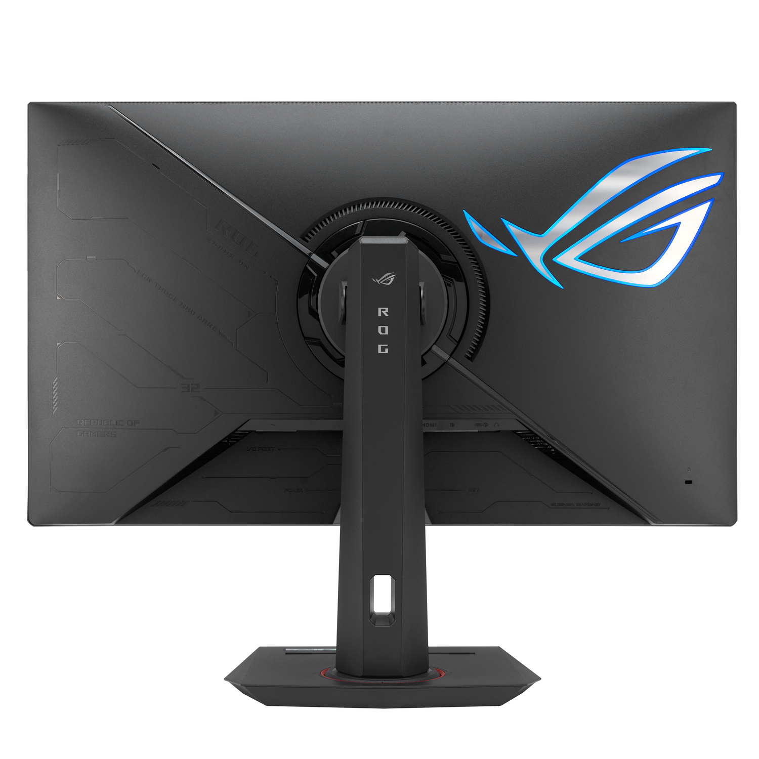 Vue arrière d'un moniteur noir avec logo ROG et texte. Il est monté sur un support. Détails incluent ports et éléments de design.