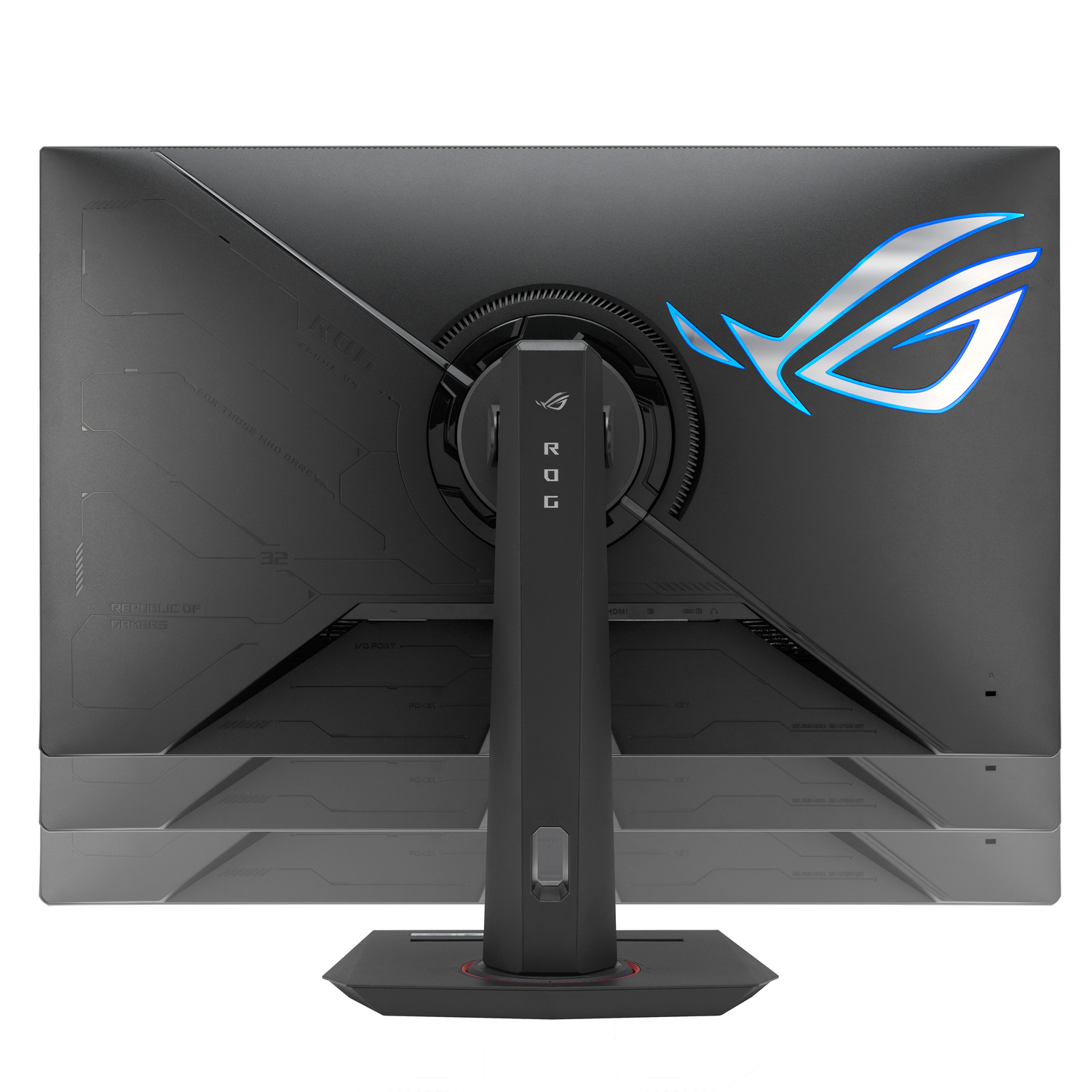 Arrière d'un écran de jeu noir. Il possède un support. L'écran a un logo ROG bleu brillant. L'écran est posé sur une surface blanche.