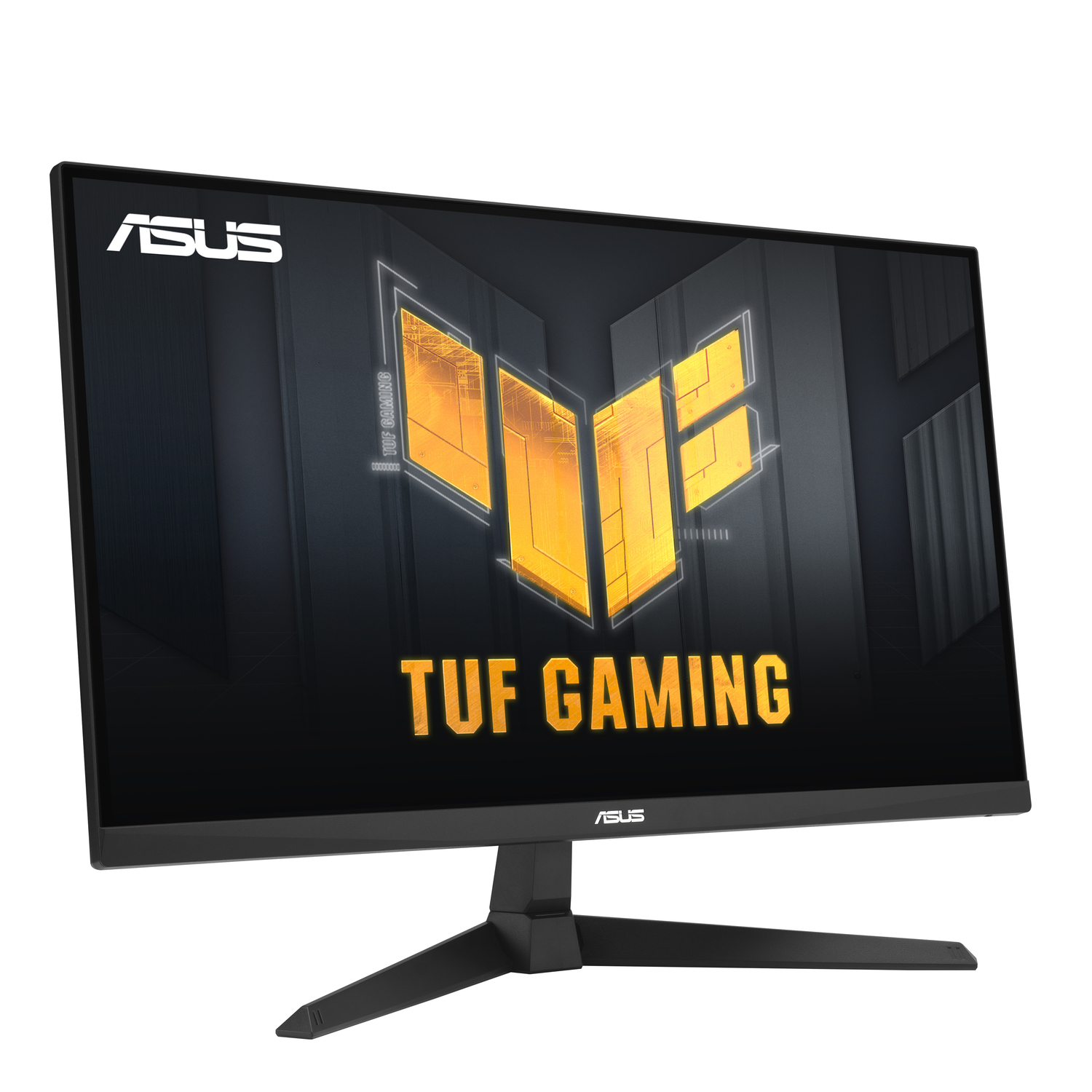 Moniteur ASUS TUF Gaming noir. L'écran affiche un logo et du texte sur fond sombre. Le support est noir.