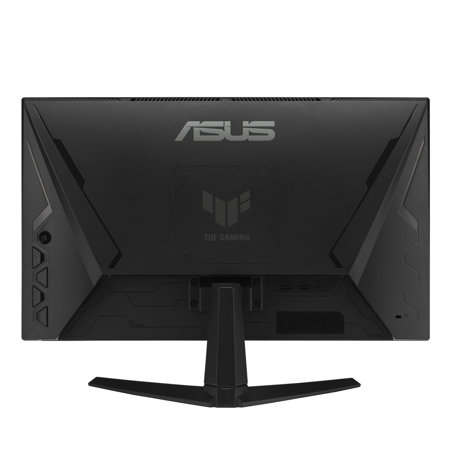 Dos noir du moniteur ASUS TUF Gaming. Affiche le logo ASUS, le logo TUF Gaming et divers ports et connecteurs.
