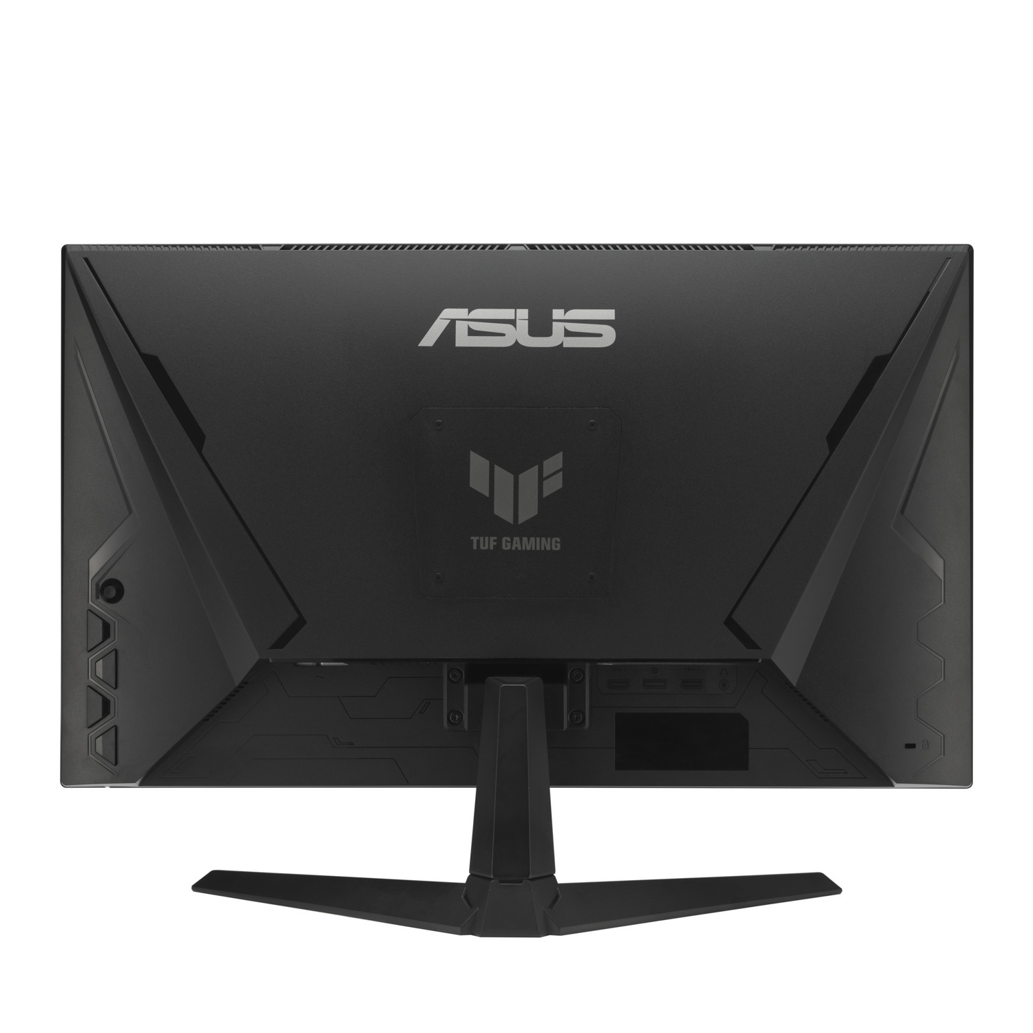 Vue arrière d'un moniteur ASUS TUF Gaming noir. Comprend le logo ASUS, la marque TUF Gaming et divers ports.