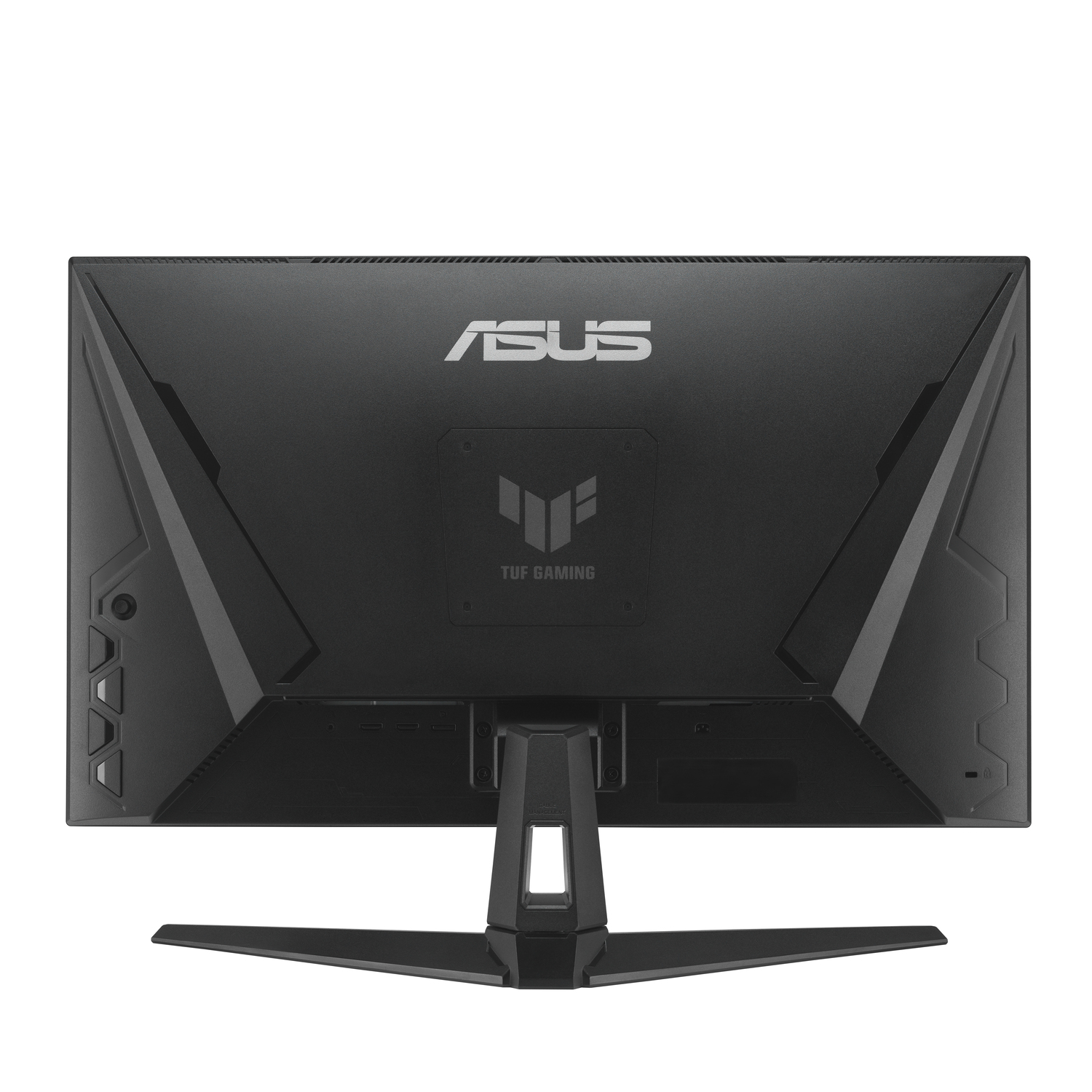 Back view of a black ASUS TUF Gaming monitor. The monitor is on a white background. Features the ASUS logo and TUF Gaming emblem.