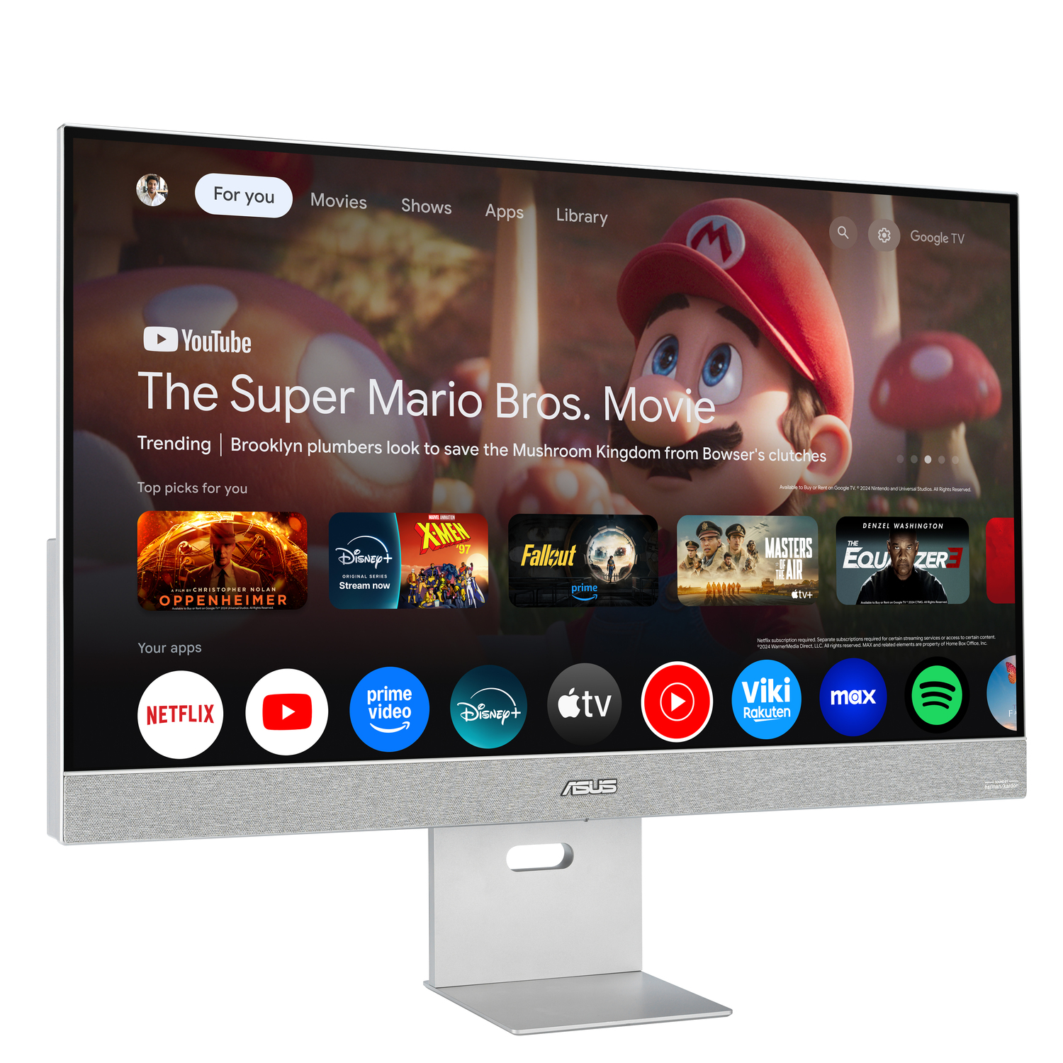 A computer screen displays The Super Mario Bros. Movie. Apps like Netflix and Disney+ are visible at the bottom.