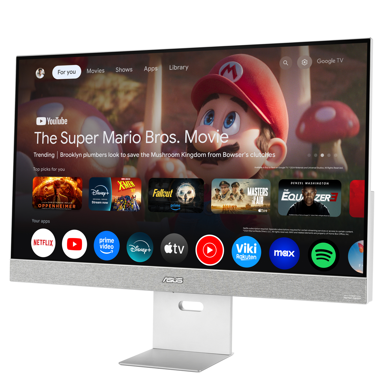 A computer screen shows the Super Mario Bros. Movie. It displays streaming apps like Netflix, YouTube, and Disney+.