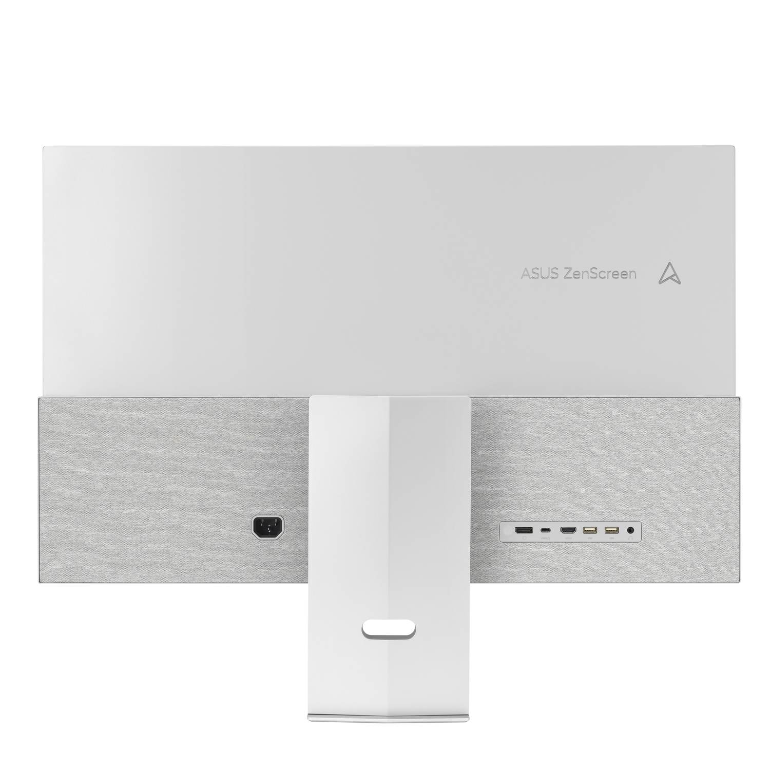 Rear view of an ASUS ZenScreen monitor. Top is white, bottom is gray with ports. A stand is attached.