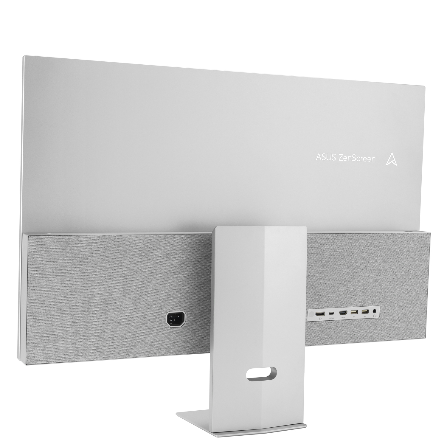A white ASUS ZenScreen monitor. The back shows the stand, power and port area. The lower portion has a grey fabric finish.